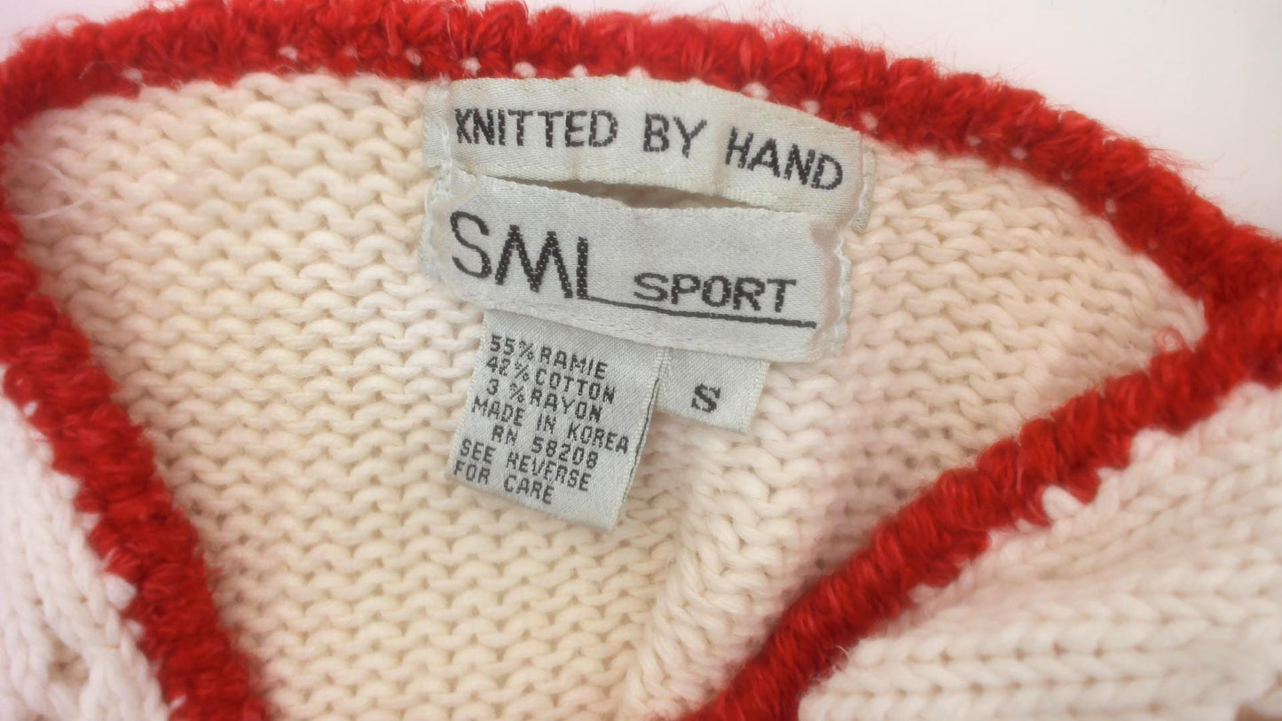 80s SML Sport Gingham Patchwork Knit Top White Red V-Neck Small