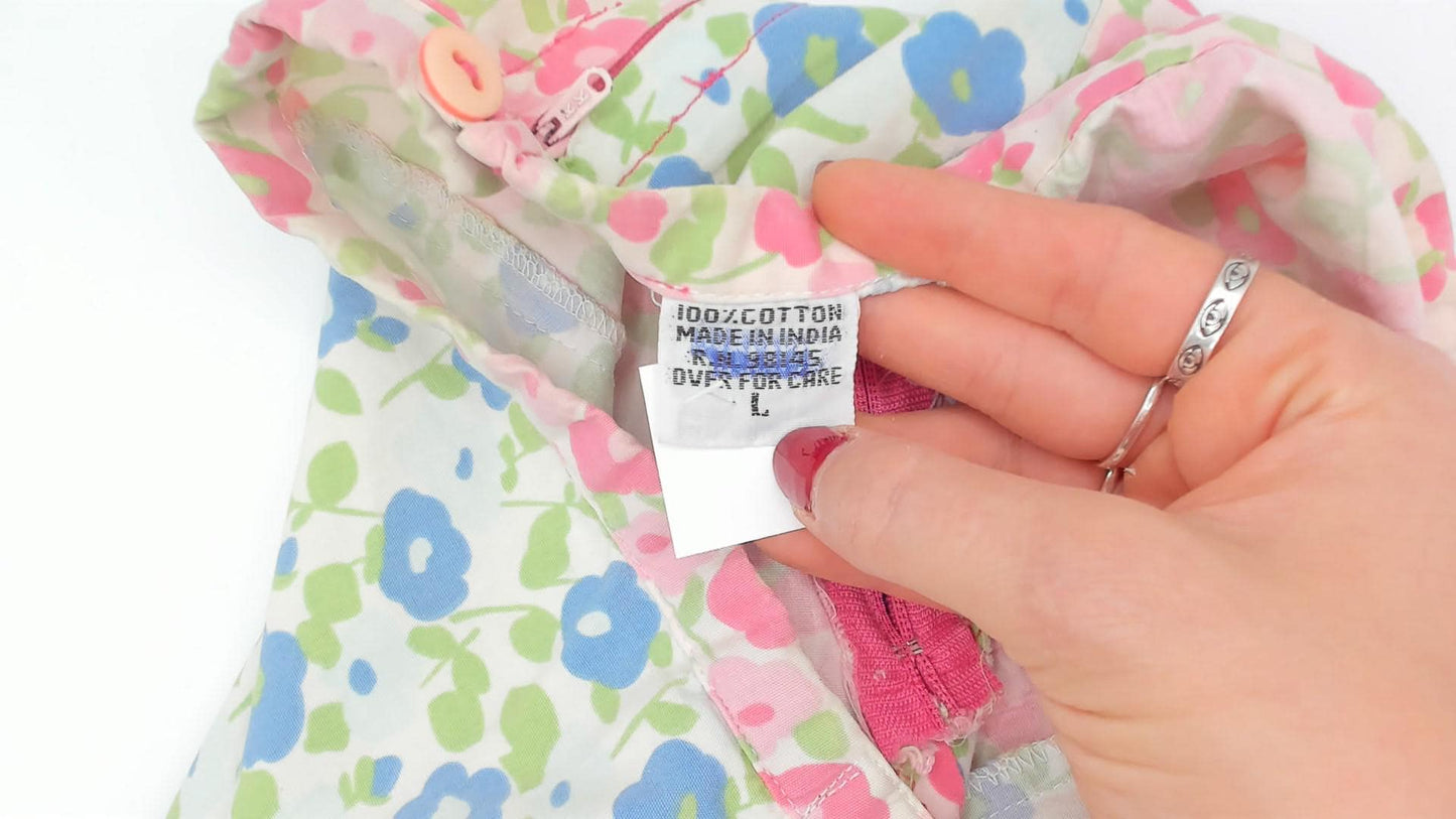 70s Floral A-Line Skirt Pink Blue Green Cotton Knee-Length Large L
