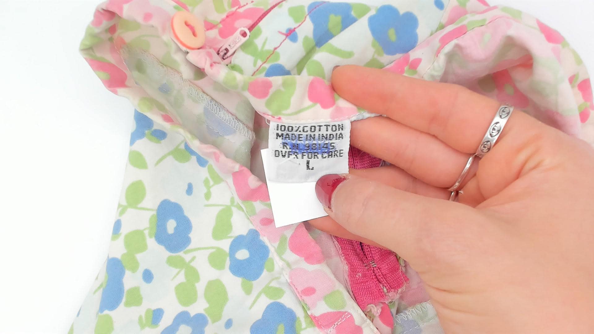 70s Floral A-Line Skirt Pink Blue Green Cotton Knee-Length Large L