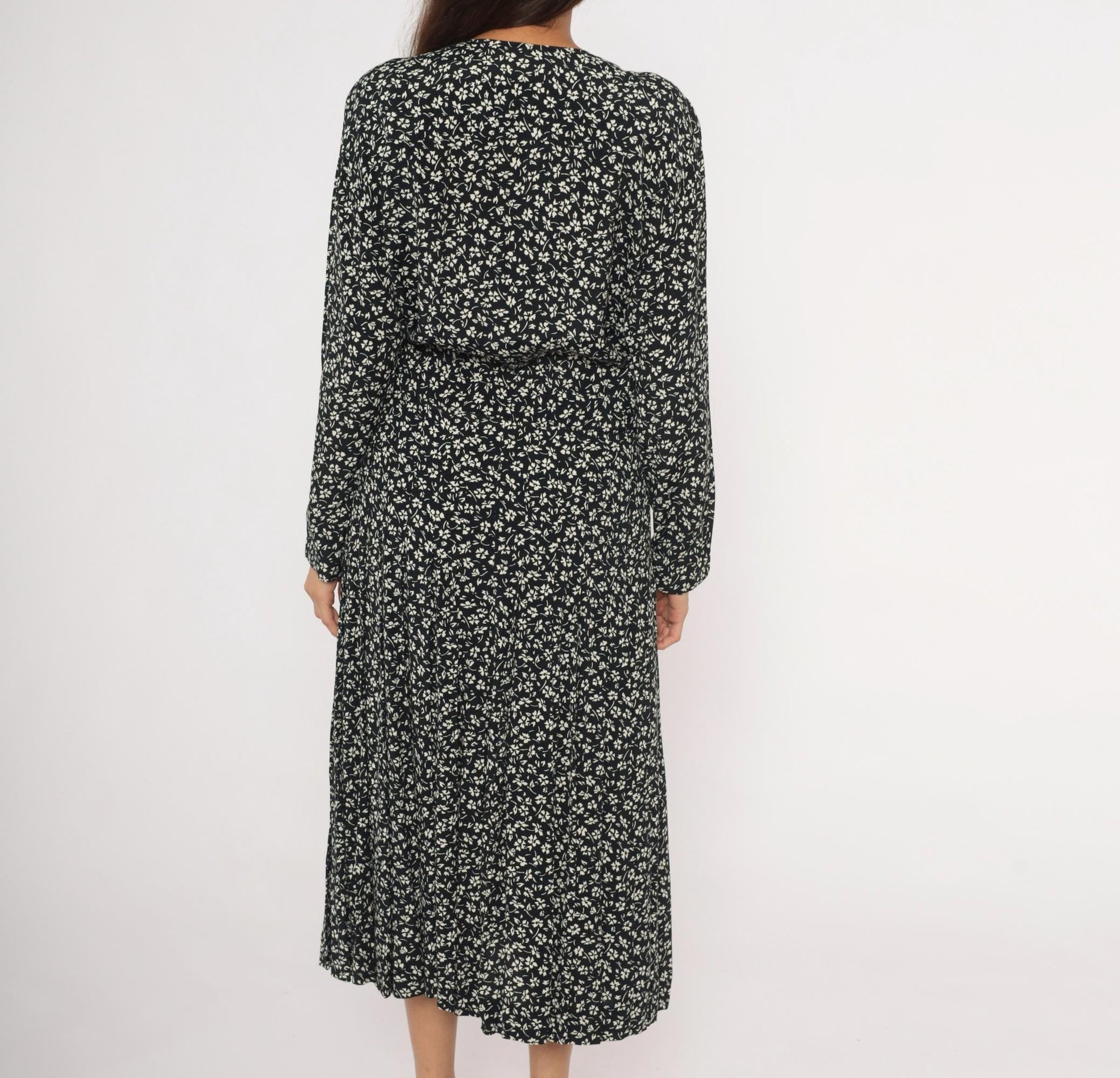 90s Liz Claiborne Black White Floral Midi Dress Double Breasted Large L