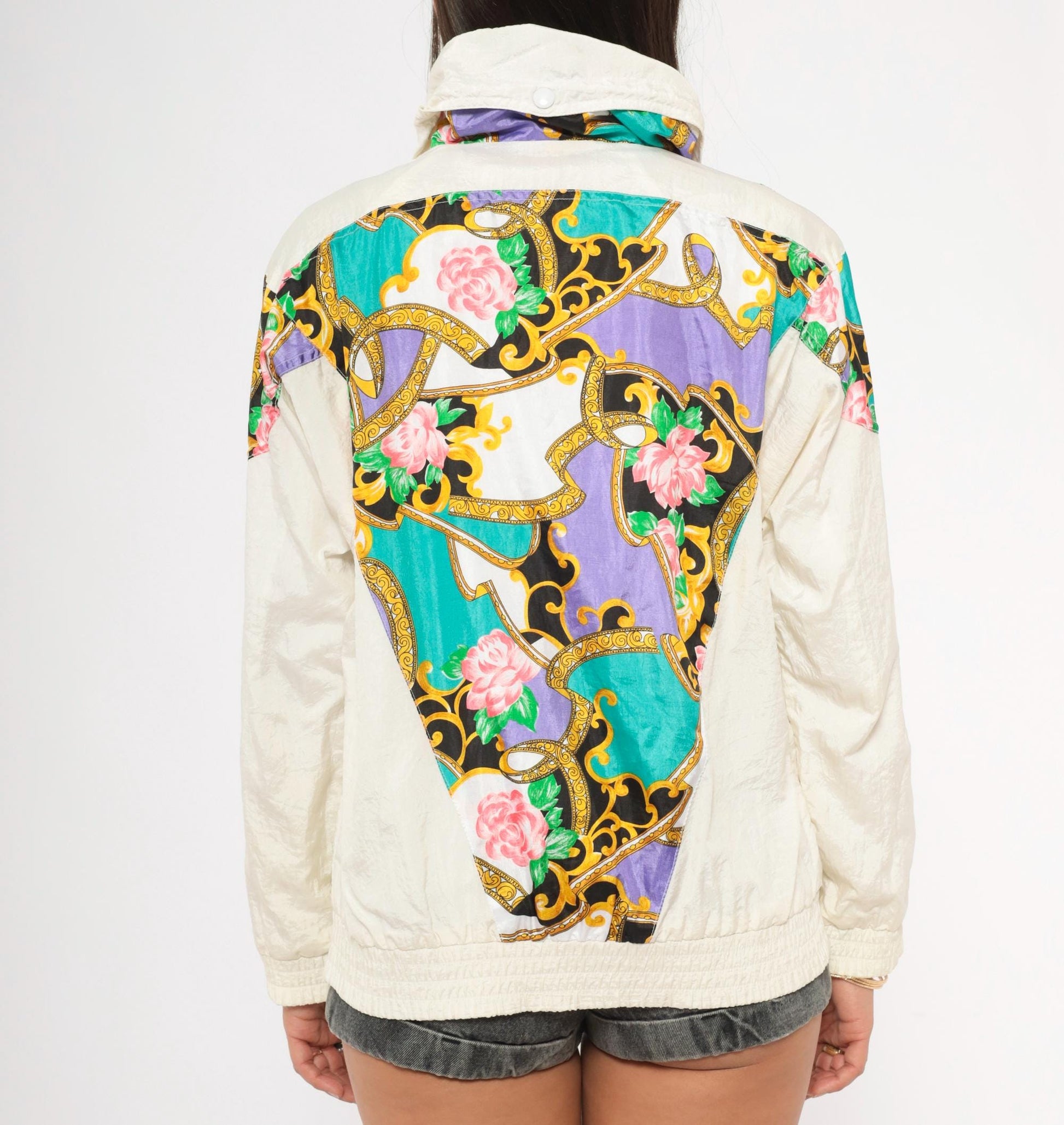 90s Sunterra Petite Baroque Rose Windbreaker Jacket Teal Gold Purple Pink Small