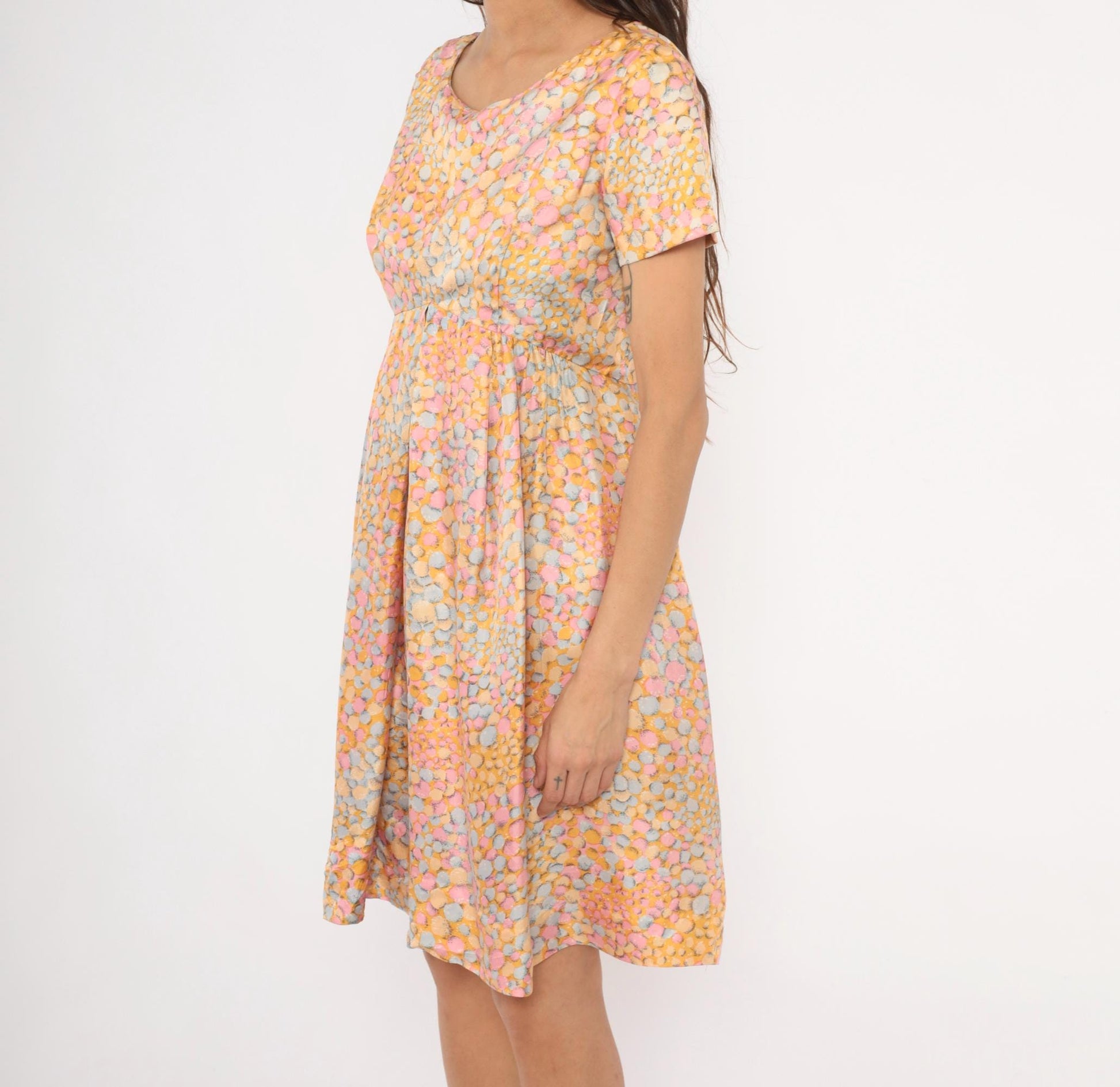 60s Silk Babydoll Dress Pebble Print Orange Pink Blue Mini Scoop Neck Medium M