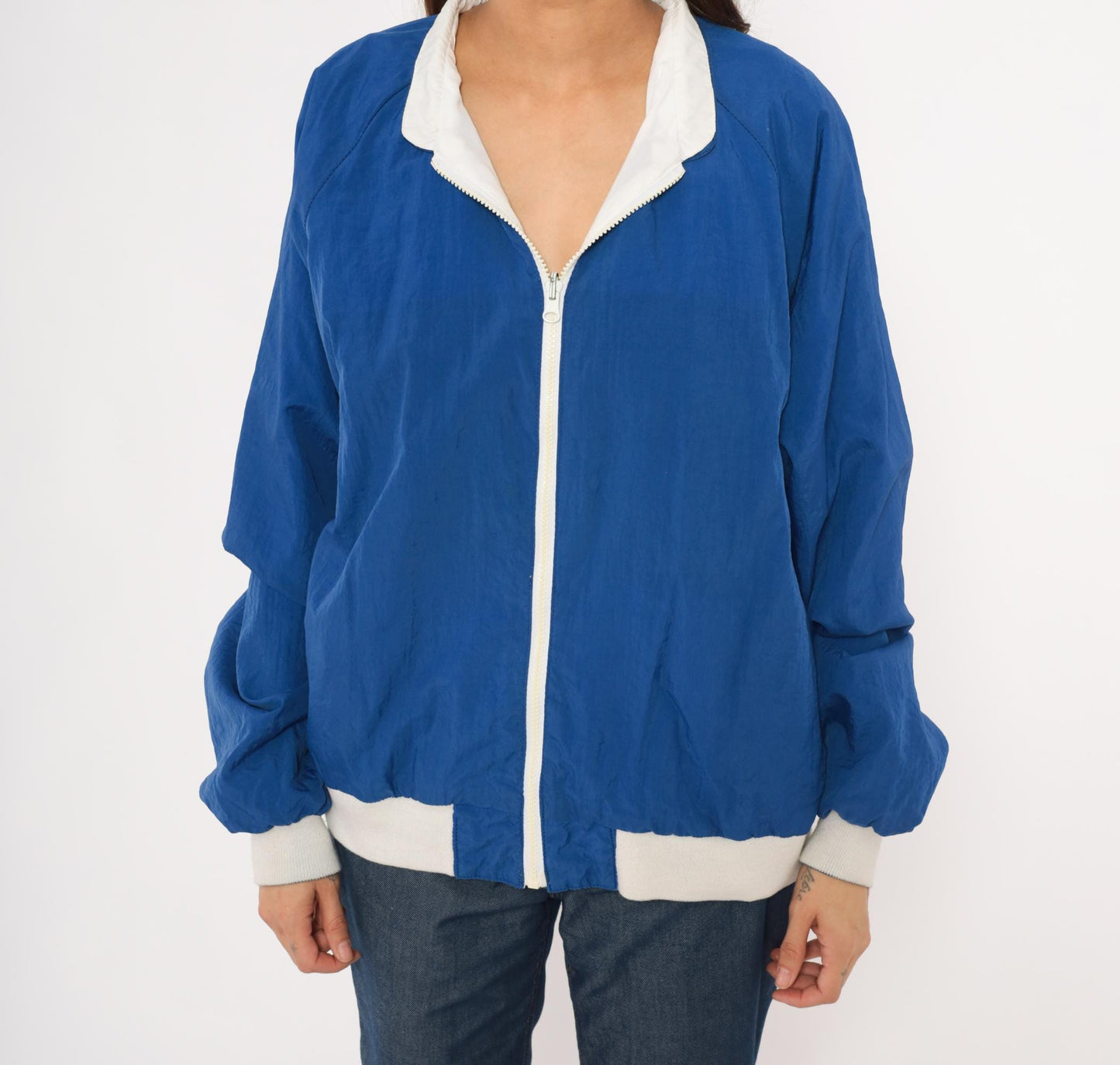 80s Sasson Reversible Windbreaker Blue White Colorblock Raglan Jacket Large