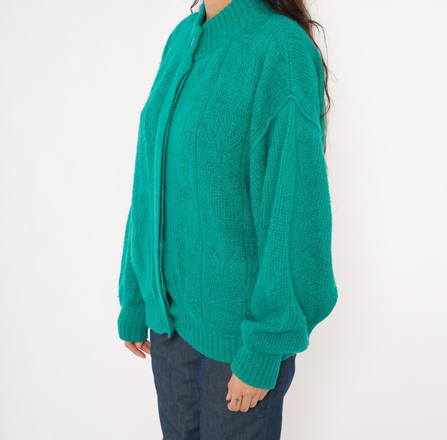 90s Astri Teal Mohair Cardigan Leaf Cable Knit Bomber Medium M