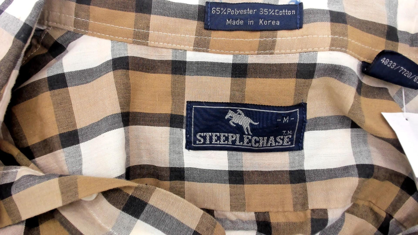 90s Steeplechase Plaid Button-Up Shirt Tan Navy Cream Medium