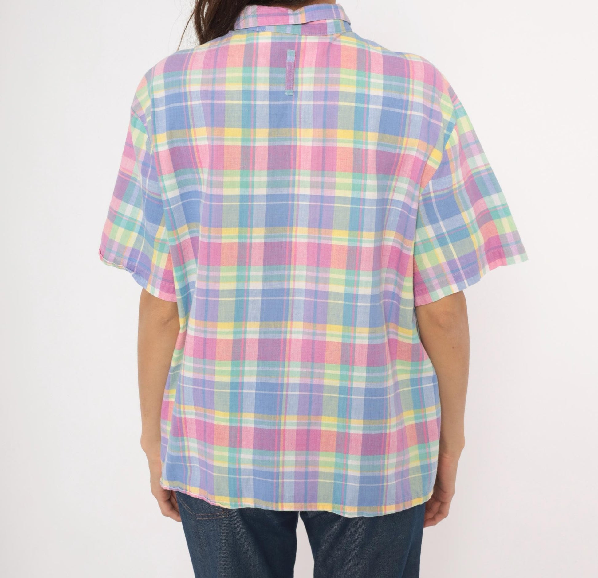 80s Jessica Tyler Madras Plaid Button-Up Blouse Pink Lavender Blue Cotton Large L