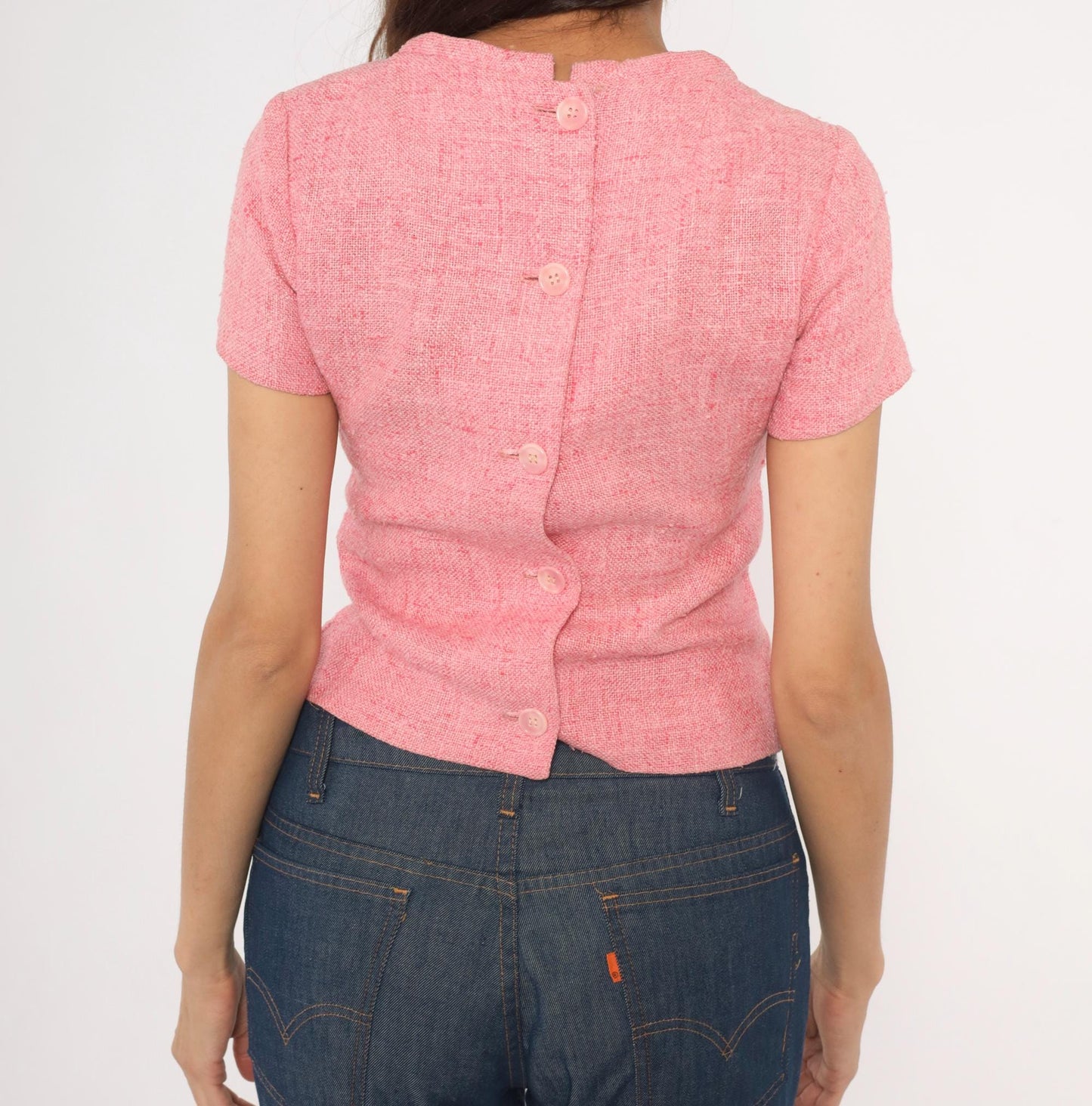 60s Pink Tweed Blouse Scoop Neck Bow Detail Fitted Waist Cotton Small