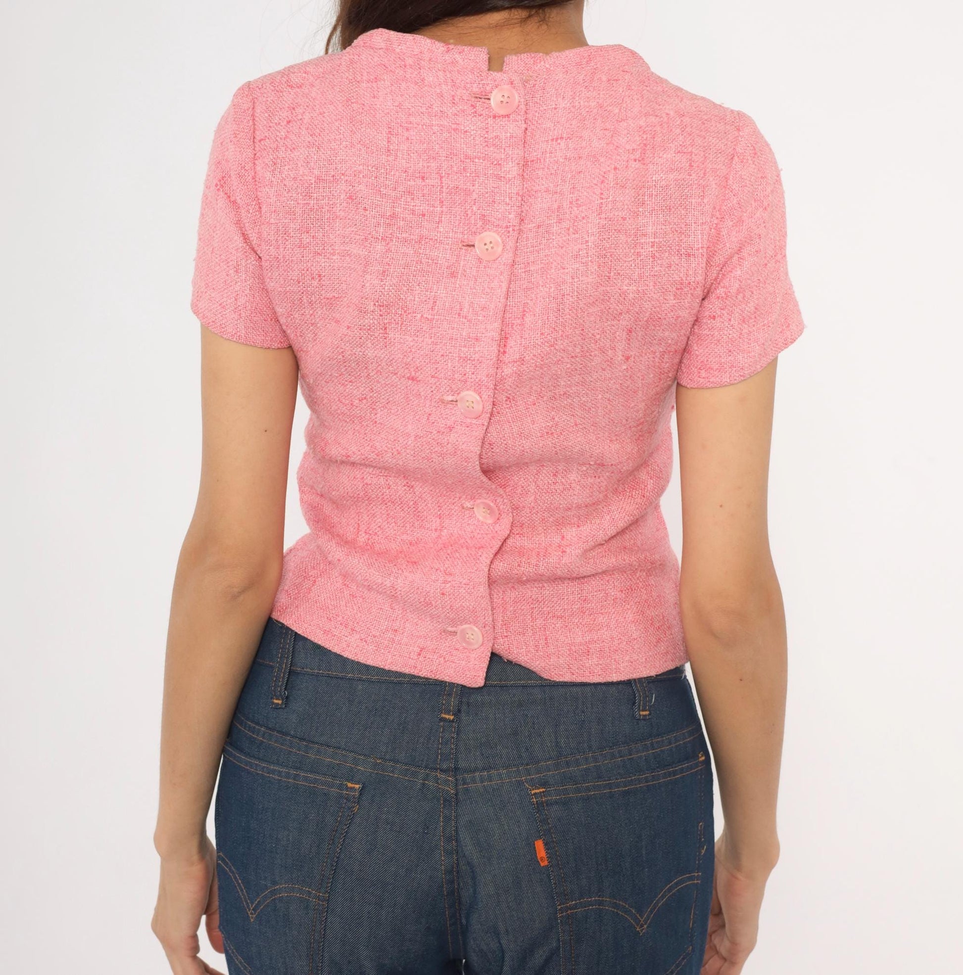 60s Pink Tweed Blouse Scoop Neck Bow Detail Fitted Waist Cotton Small