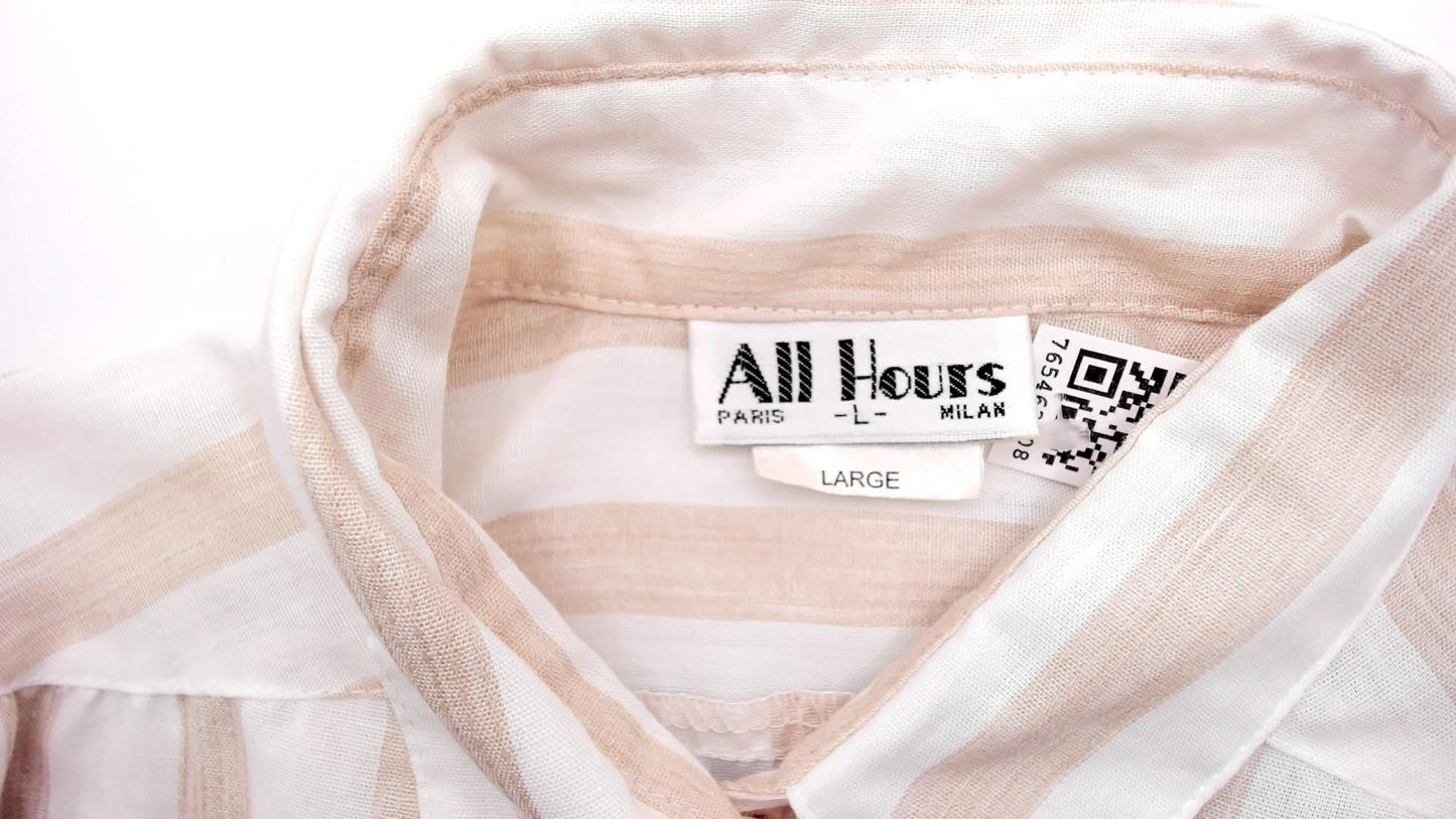 80s All Hours Cream Tan Striped Button-Front Blouse Pointed Collar Large