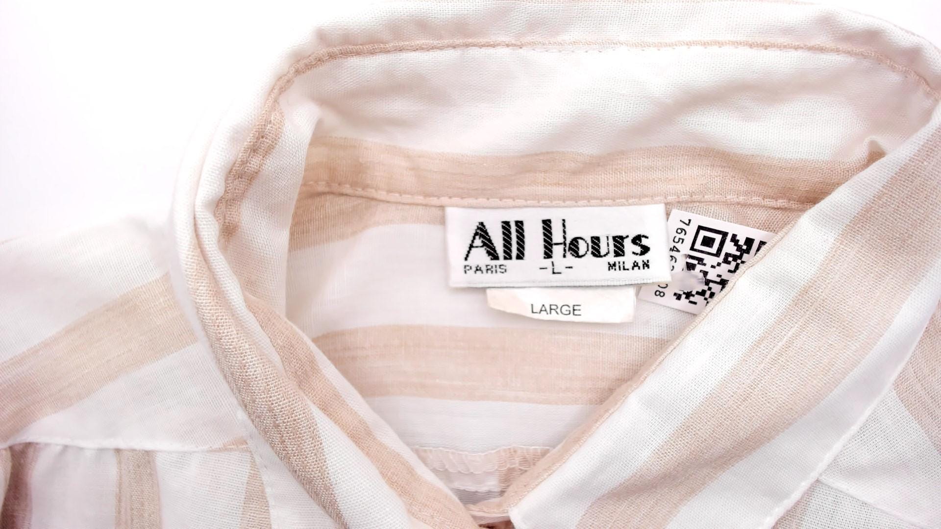 80s All Hours Cream Tan Striped Button-Front Blouse Pointed Collar Large