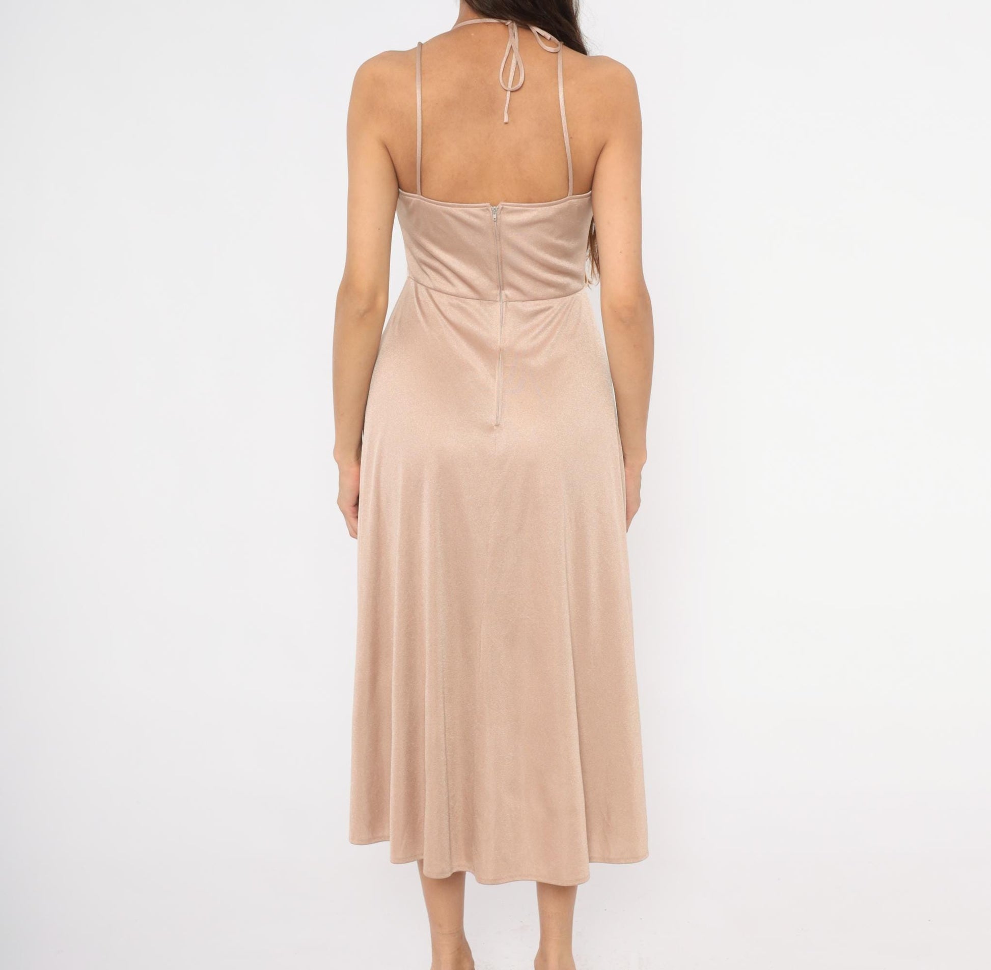 70s Nude Halter Midi Dress Wrap Front Surplice Neckline Tulip Hem Medium