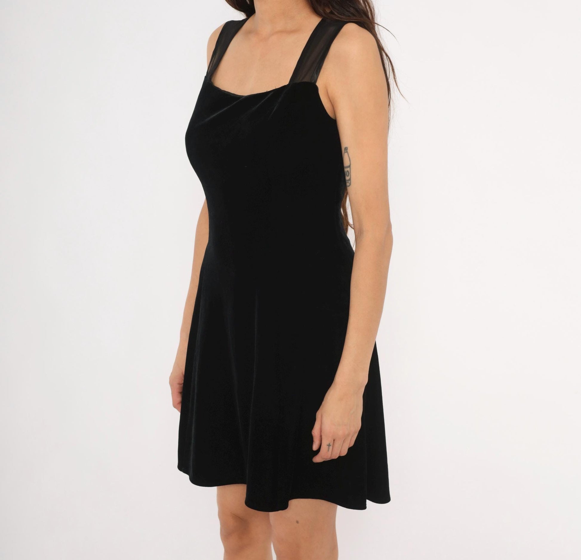 90s Betsy and Adam Black Velvet Mini Dress Sweetheart Neckline Mesh Back Medium M