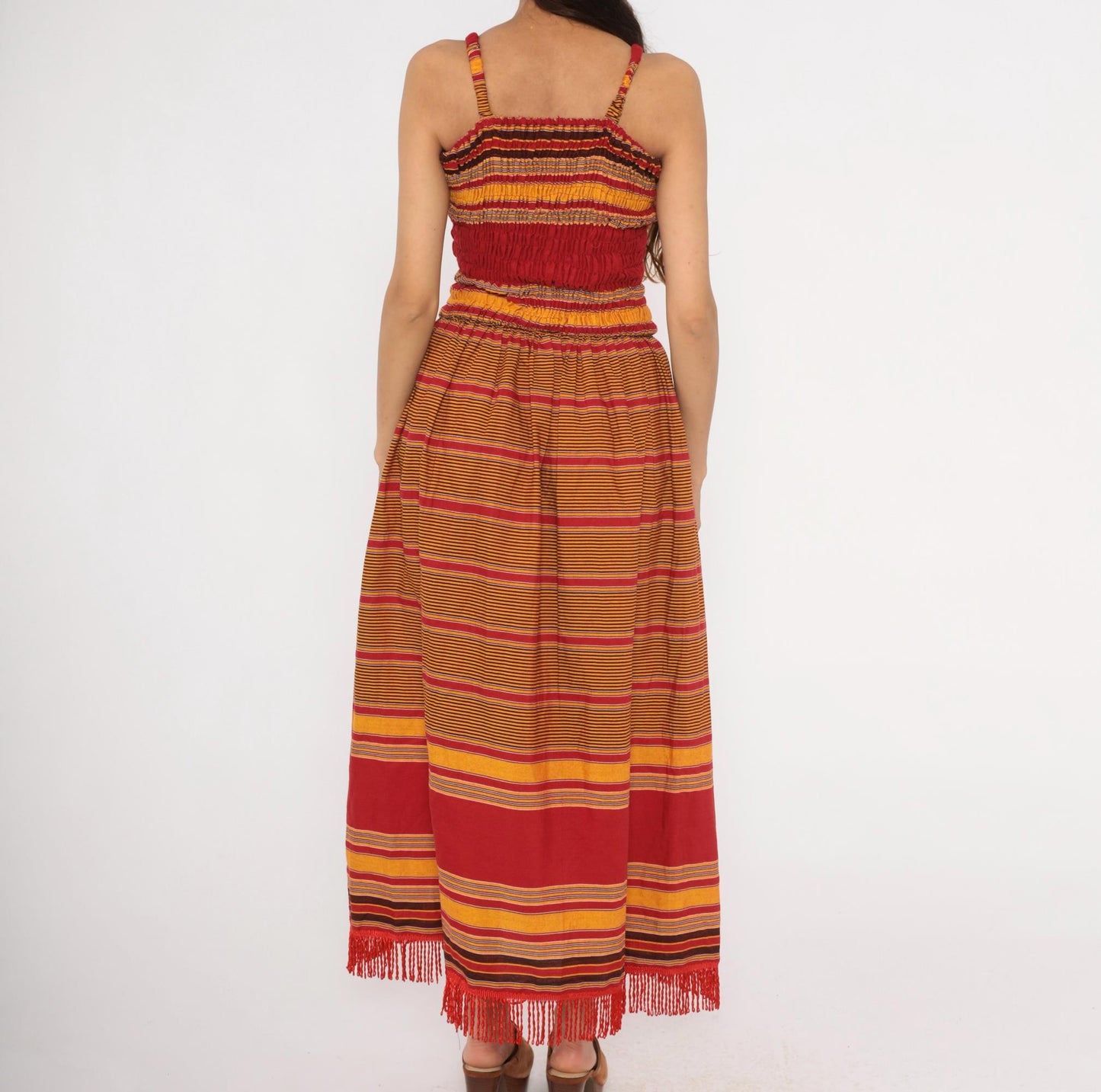 90s Striped Smocked Sundress Red Gold Fringe Hem Cotton Small