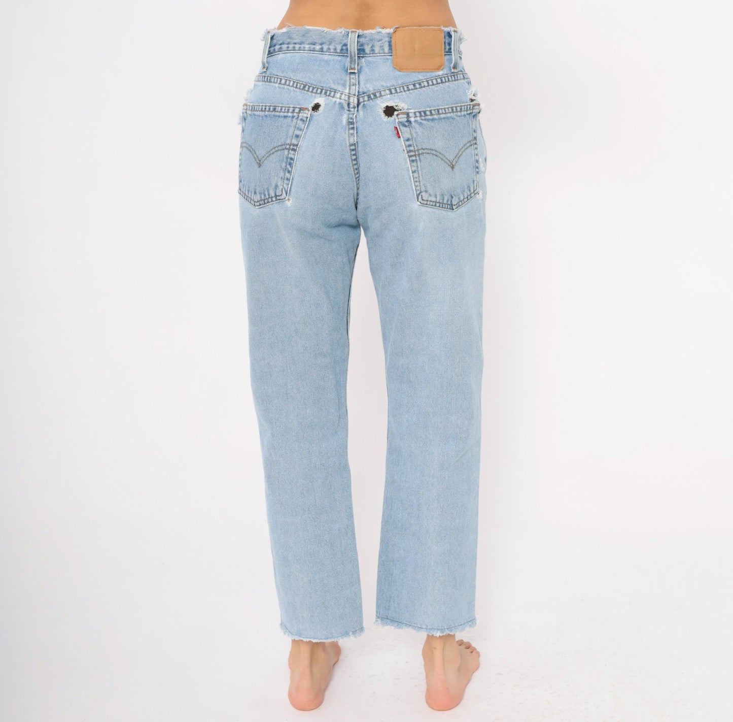 90s Levi's Cropped Jeans Light Wash Raw Hem Distressed Ankle Blue Denim 30x28