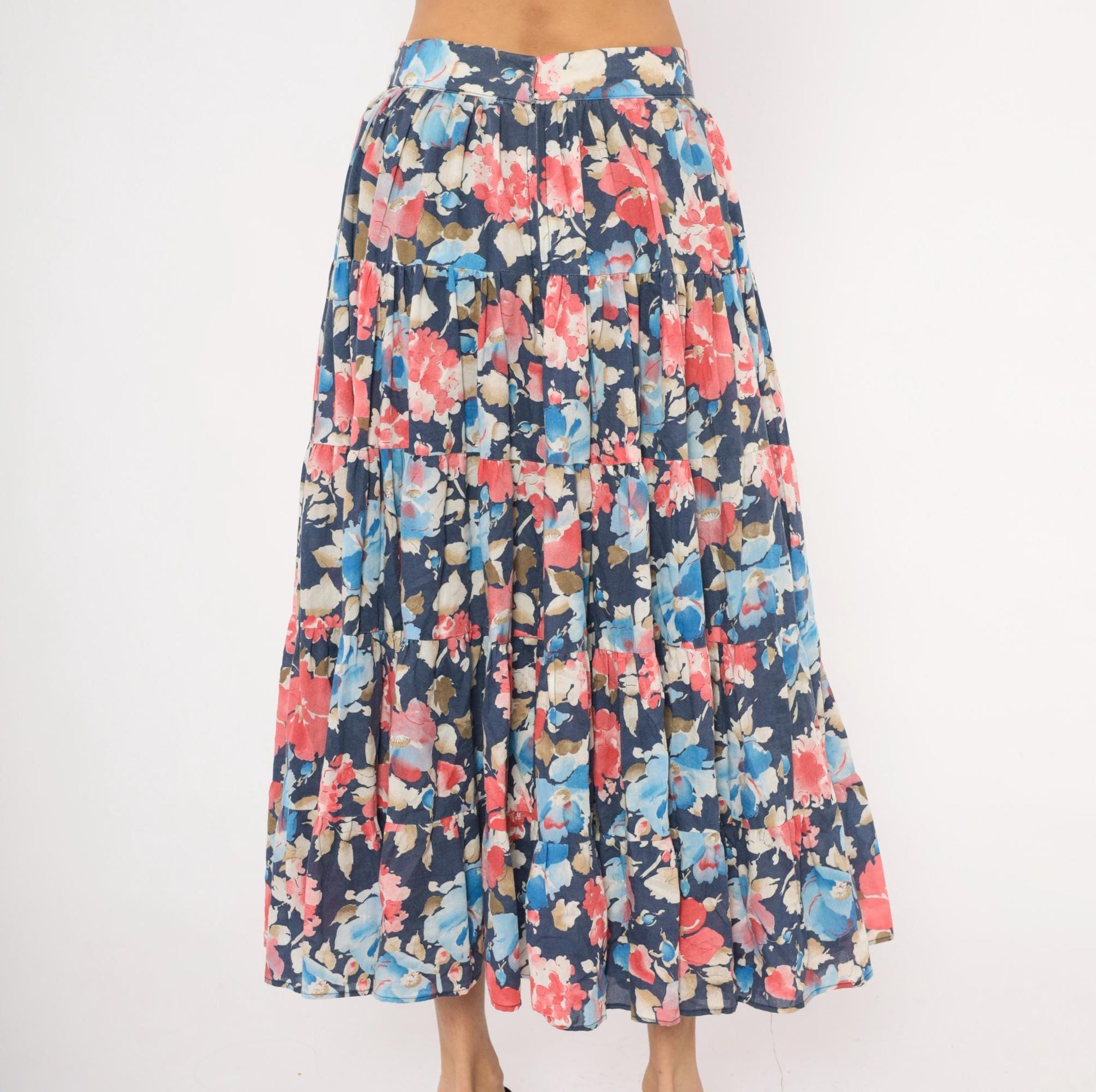 80s Navy Floral Tiered Cotton Midi Skirt Watercolor Print Large L