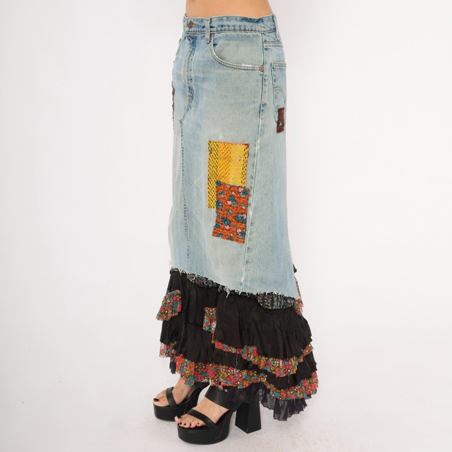00s FP One Free People Patchwork Denim Maxi Skirt Light Wash Ruffled Small
