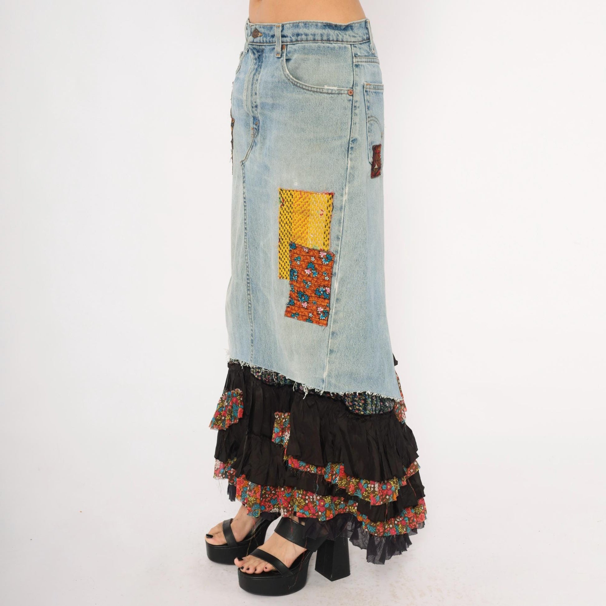 00s FP One Free People Patchwork Denim Maxi Skirt Light Wash Ruffled Small