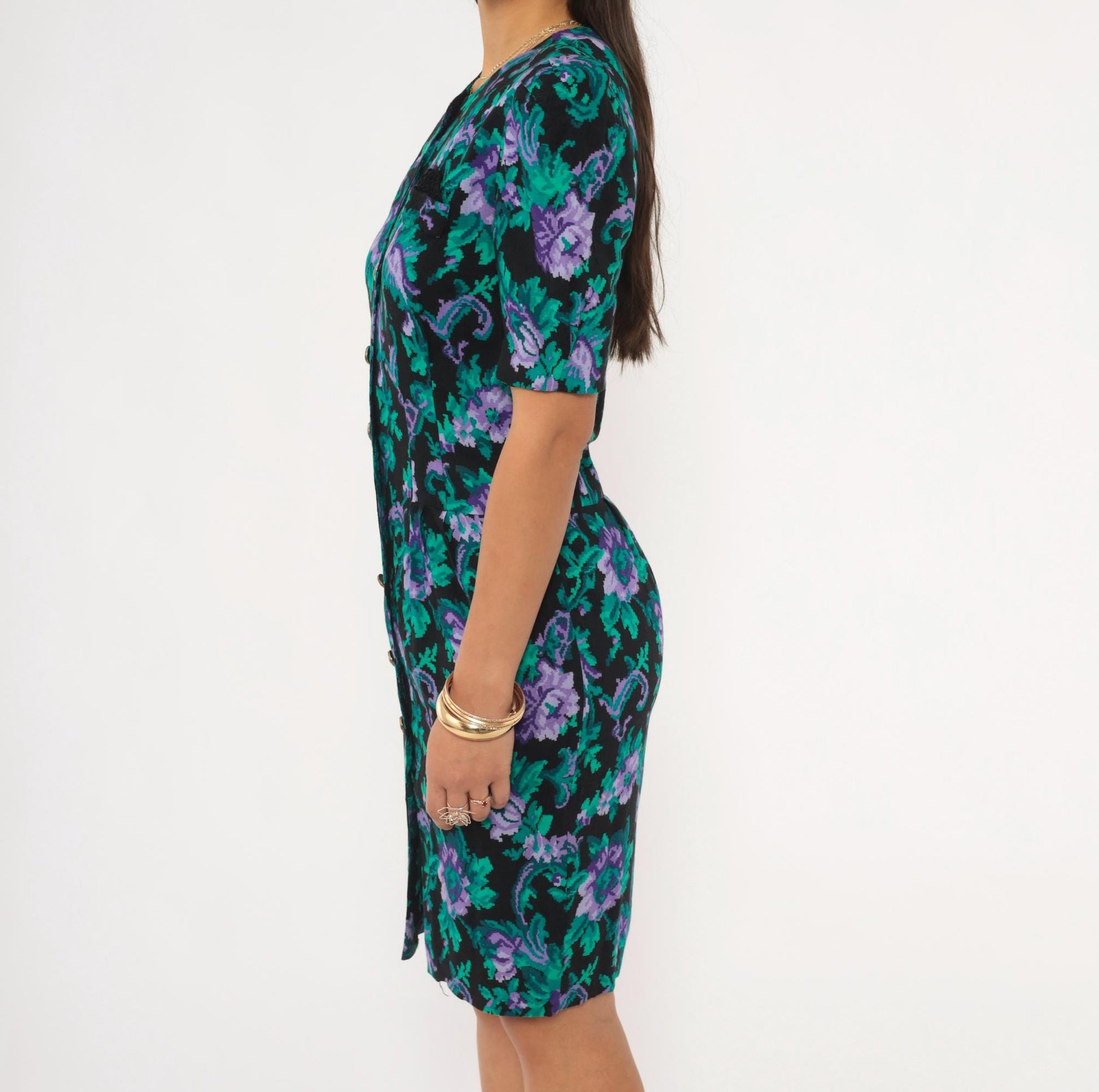 90s Petite Jazz Floral Sheath Dress Puff Sleeve V-Neck Black Teal Purple Extra Small XS