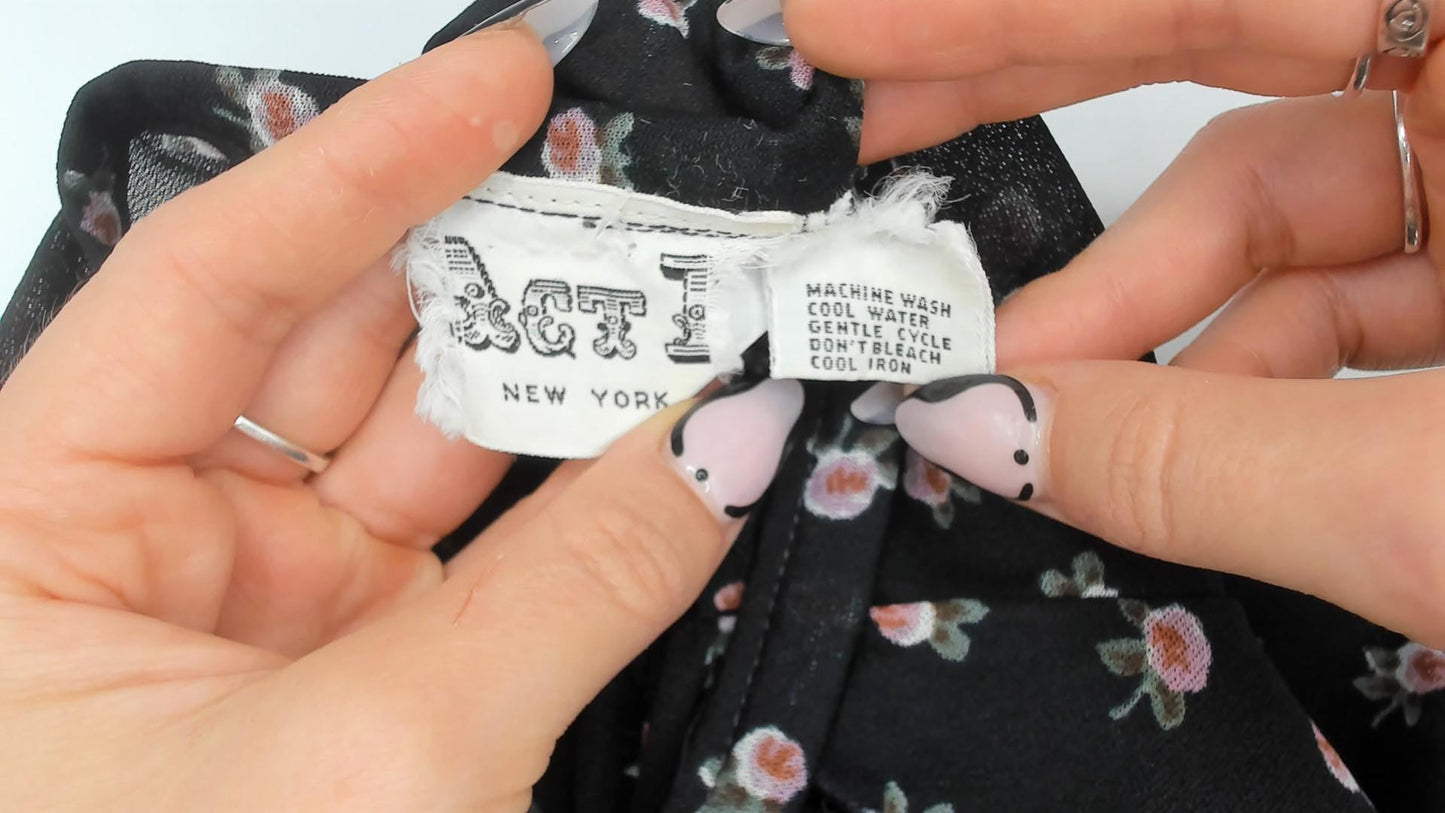 70s Act 1 New York Floral Midi Dress Flutter Sleeve Black Rose Print Small Medium