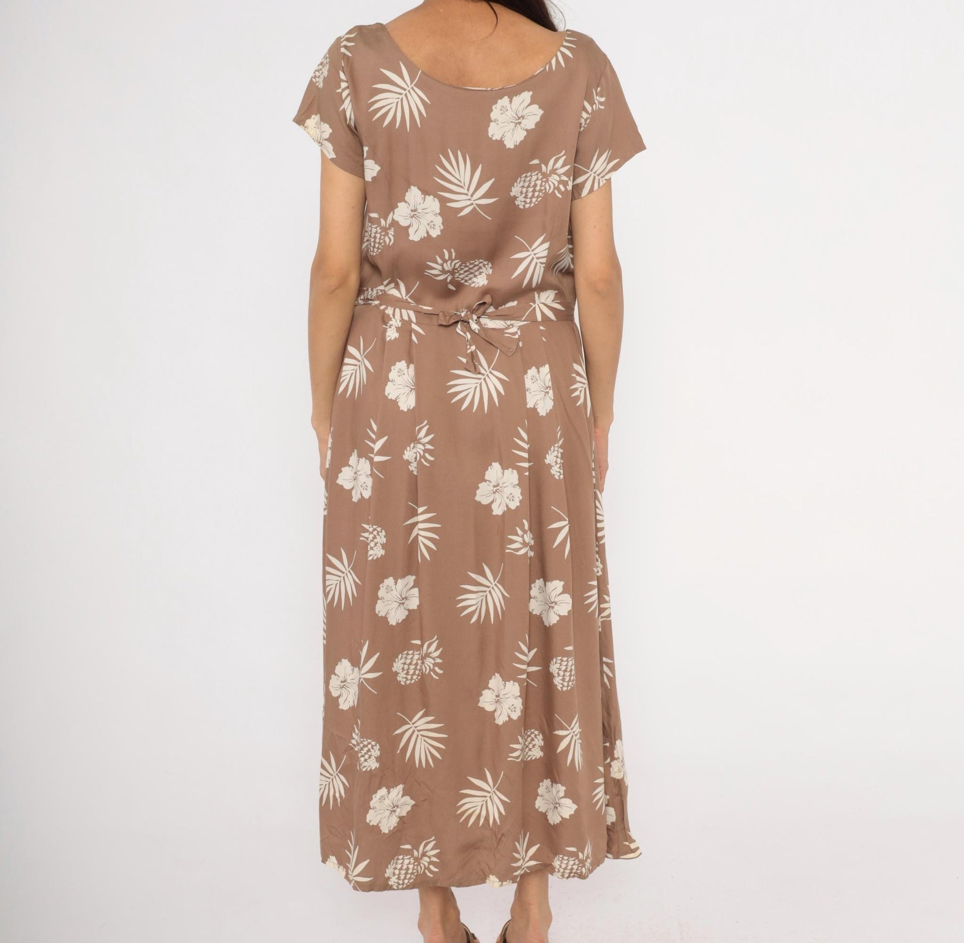 80s Apart Tropical Hibiscus Maxi Dress Tan Cream Cap Sleeve Medium M