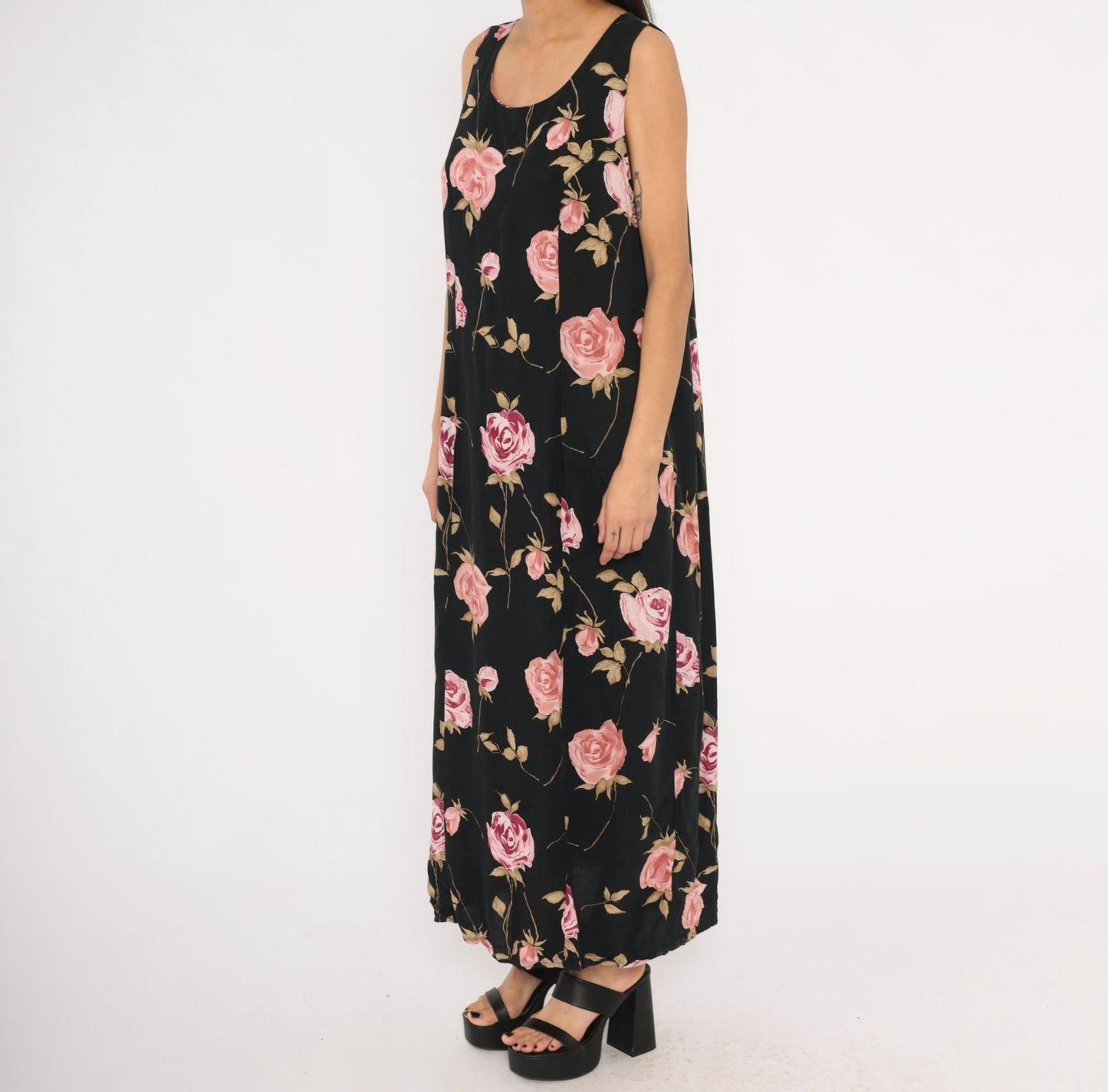 90s Jodi Michaels Rose Print Maxi Dress Black Pink Sleeveless Large L
