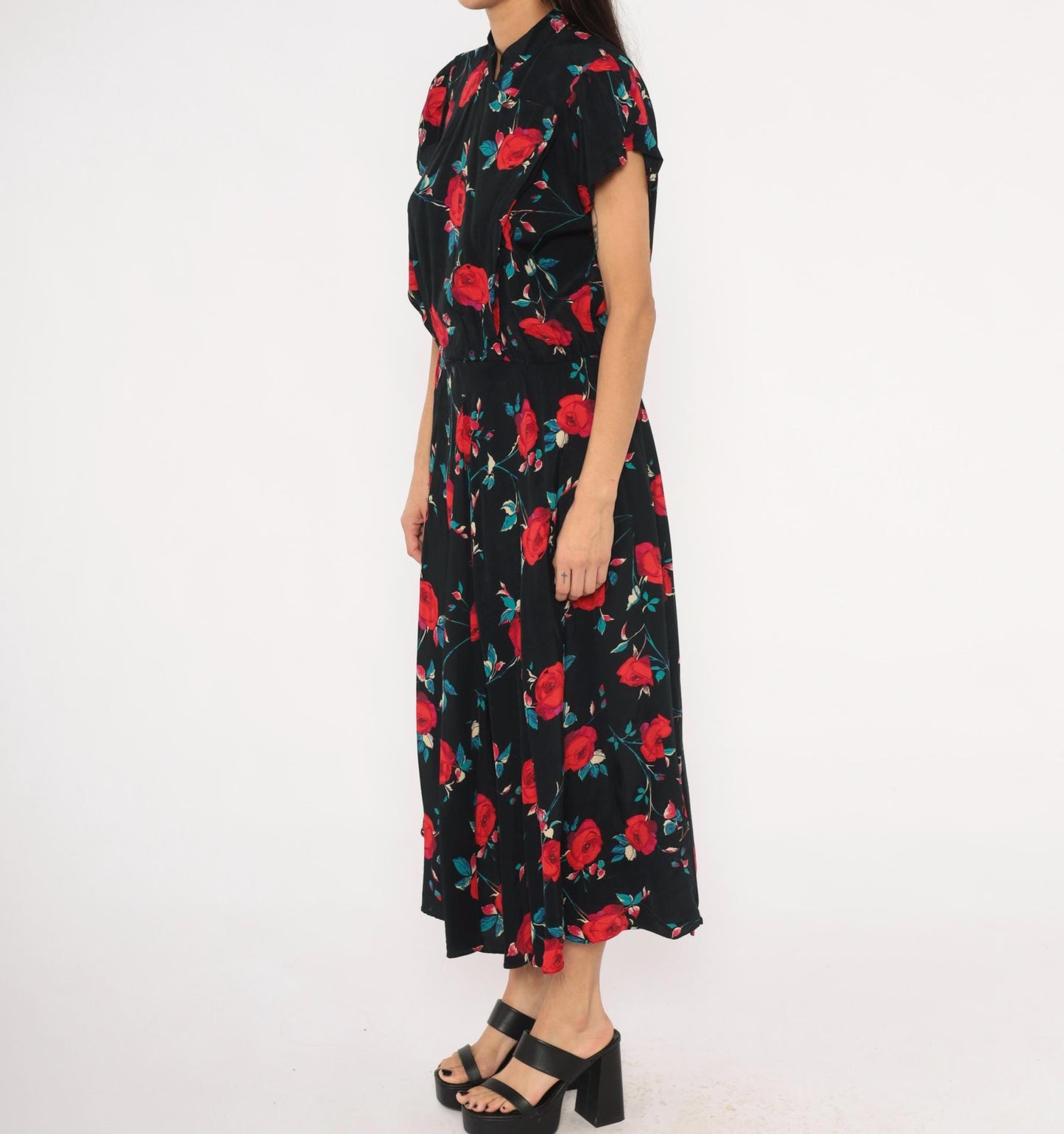 90s Nina Piccalino Black Midi Dress Red Rose Print Mandarin Collar Large L
