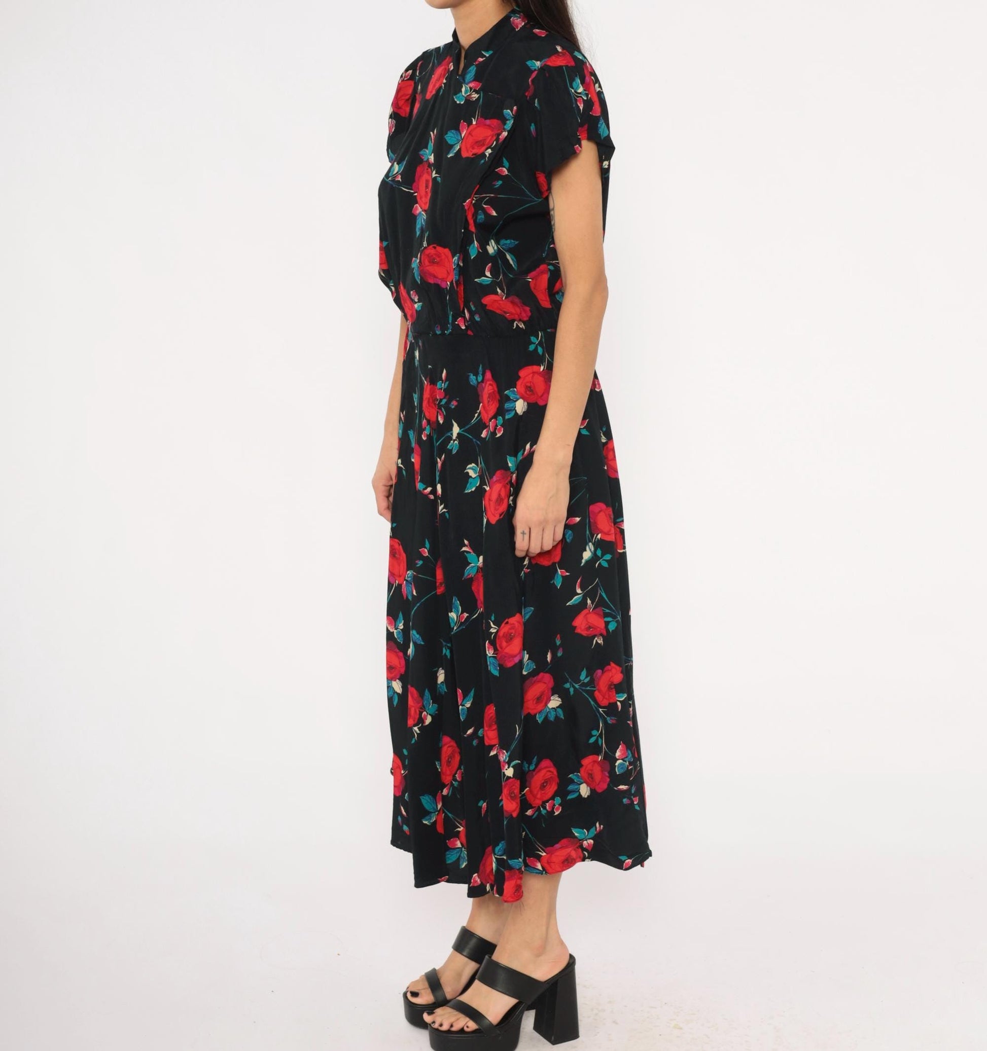 90s Nina Piccalino Black Midi Dress Red Rose Print Mandarin Collar Large L