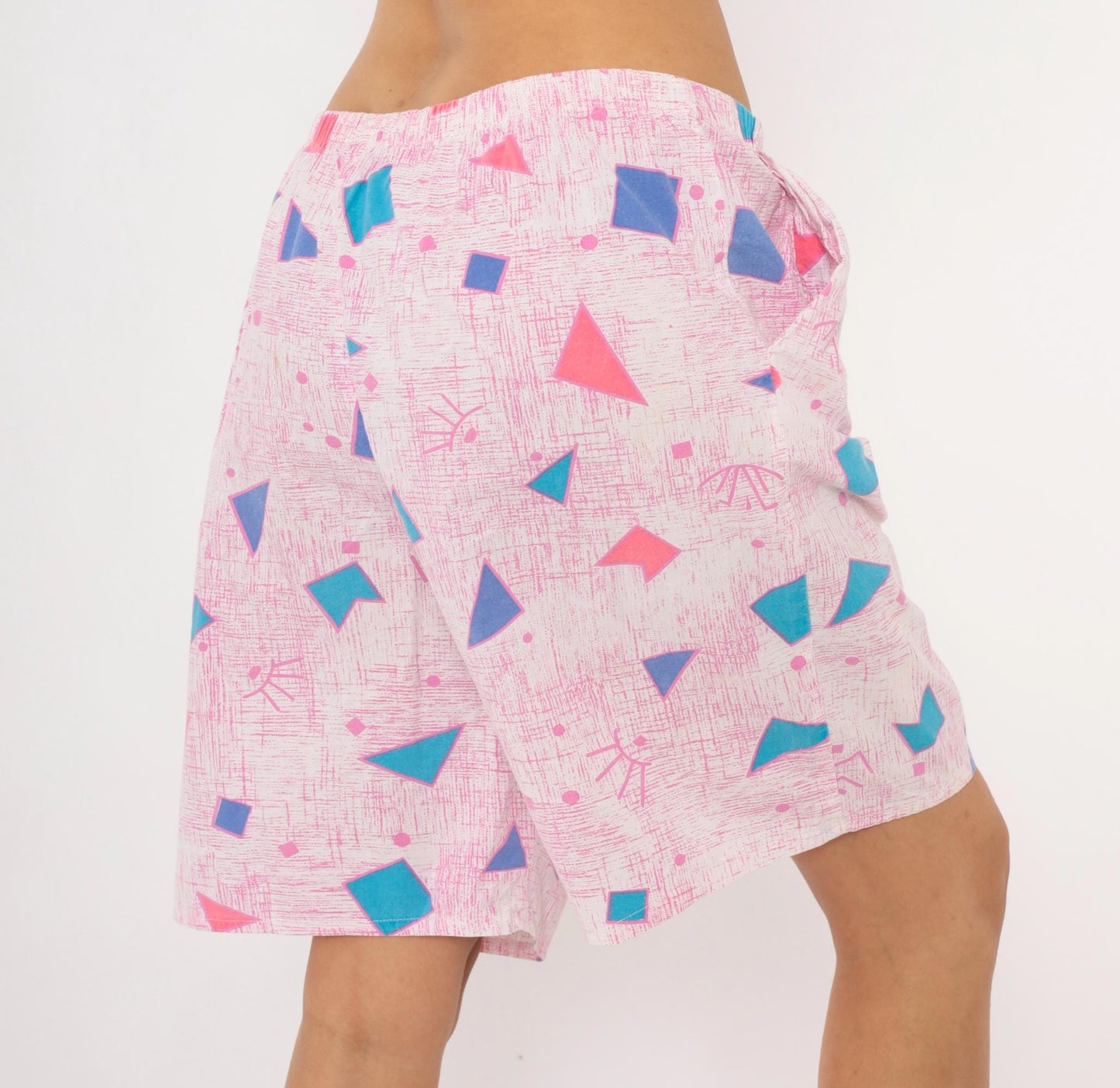 80s Geometric Triangle Shorts Pink Teal Blue Cotton Knee-Length Medium