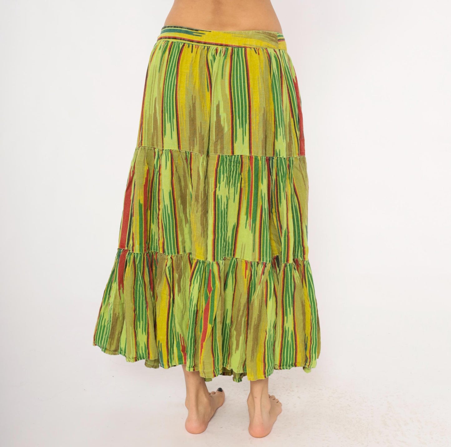 2000s Mason's Ikat Tiered Maxi Skirt Green Yellow Red Woven Large L