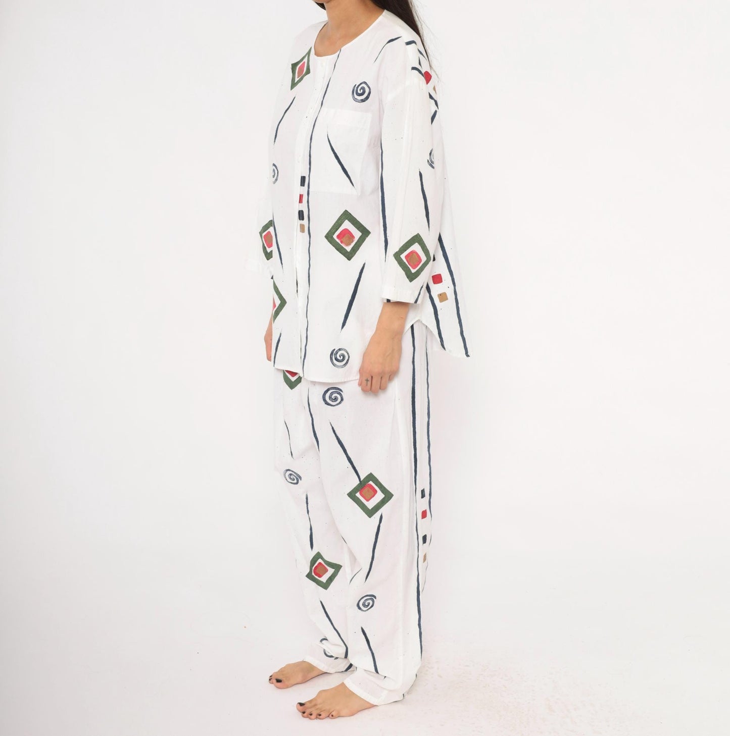 90s Allegre Geometric Print Cotton Two Piece Set White Large L