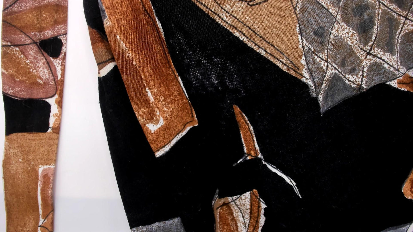 90s Abstract Botanical Wrap Skirt Black Patchwork Midi Small S