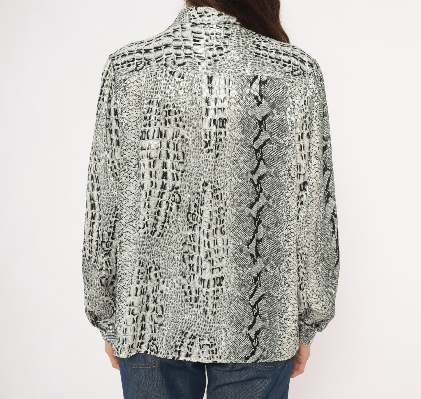 90s Tess Snakeskin Print Blouse Silver Grey Python Reptile Medium M