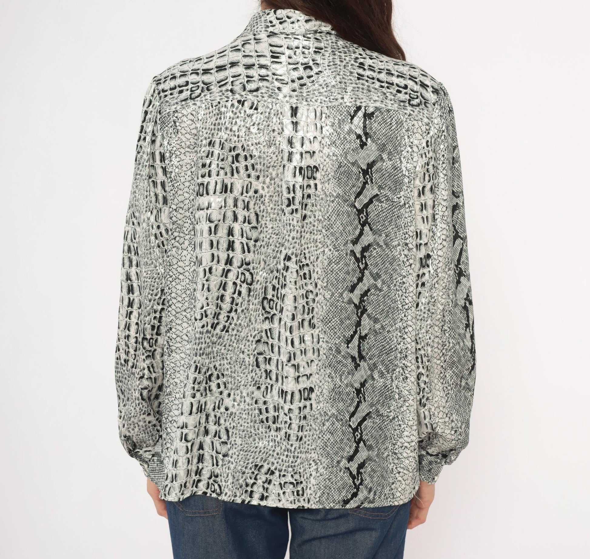 90s Tess Snakeskin Print Blouse Silver Grey Python Reptile Medium M