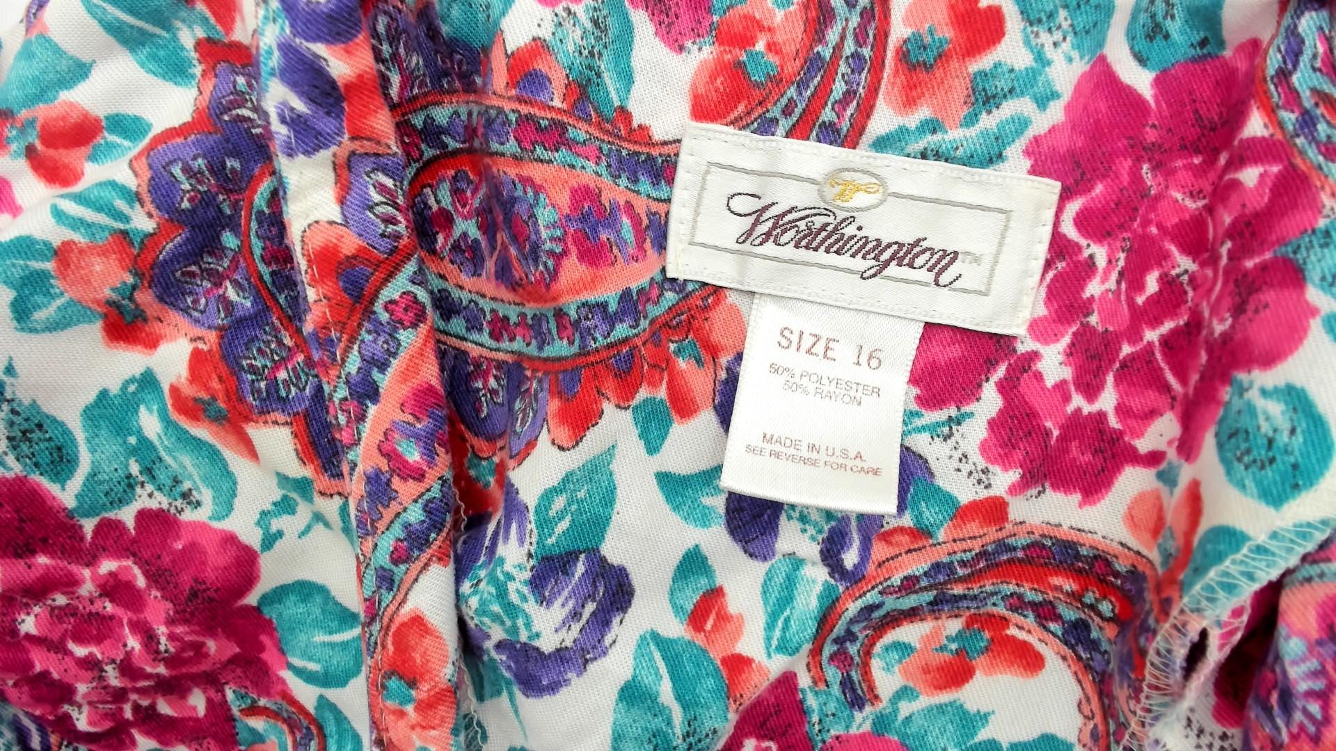 90s Worthington Floral Paisley Blouse Pink Teal Purple Three Quarter Sleeve Large L