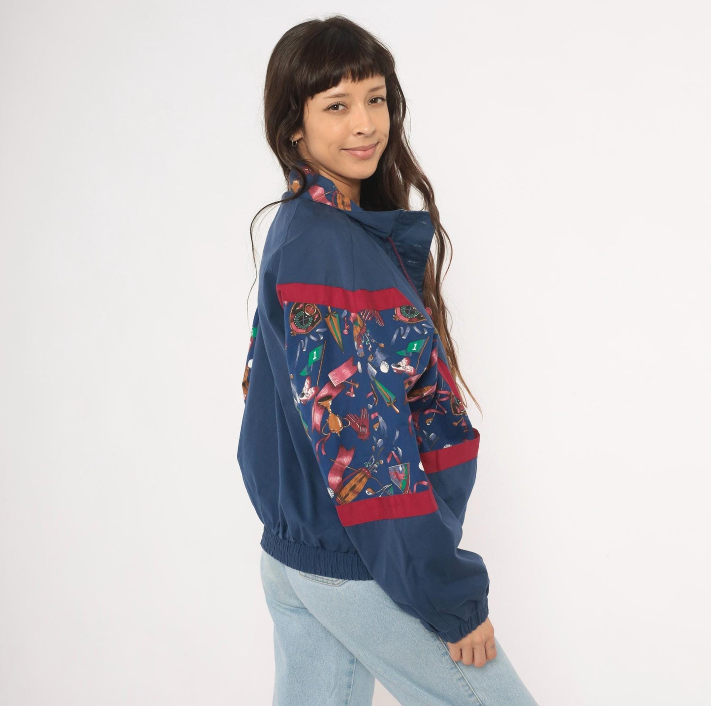 90s Line-Up Golf Print Windbreaker Navy Nylon Jacket Red Color Block Medium