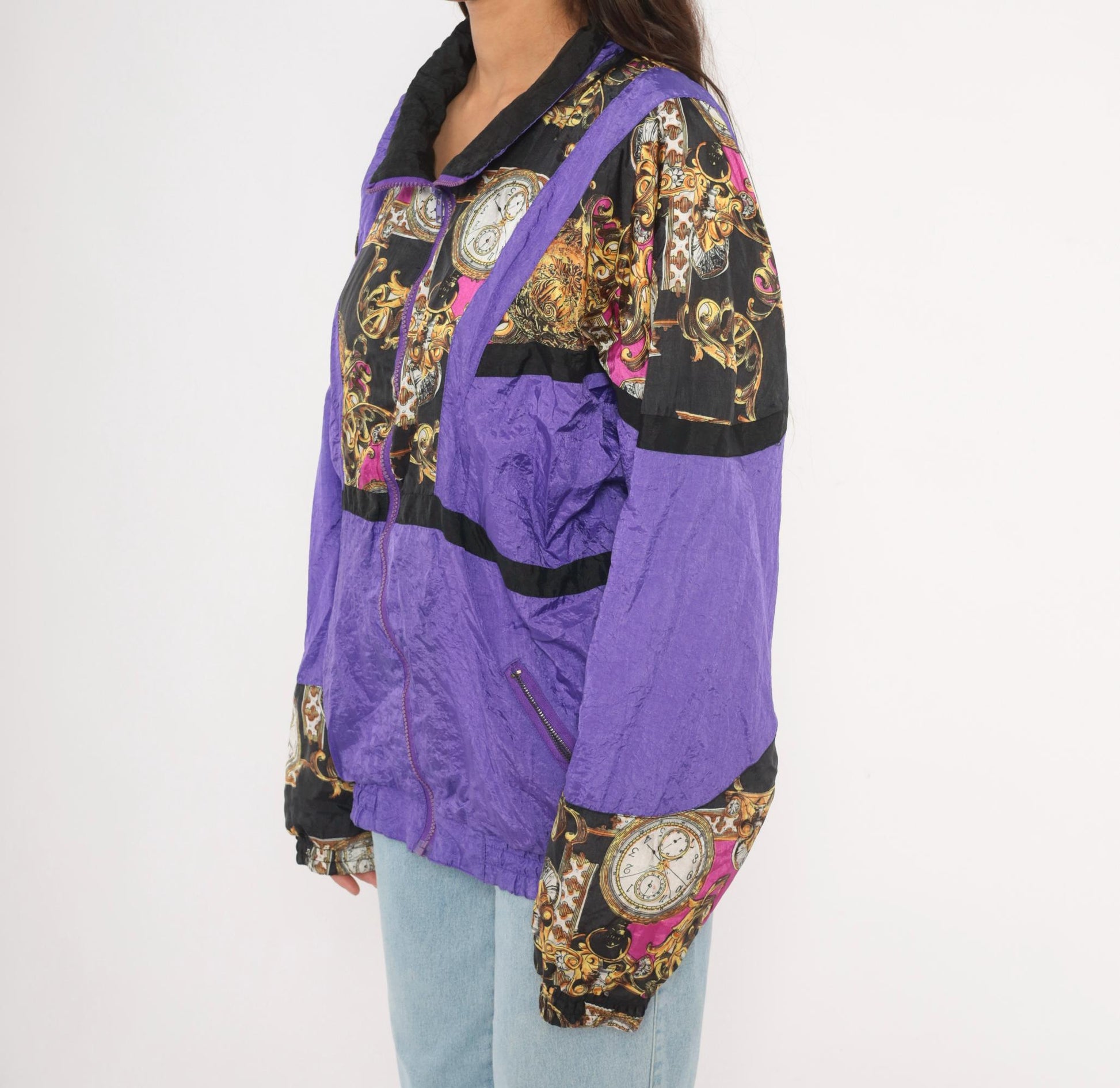 90s Baroque Clock Windbreaker Purple Gold Pocket Watch Shell Jacket Medium