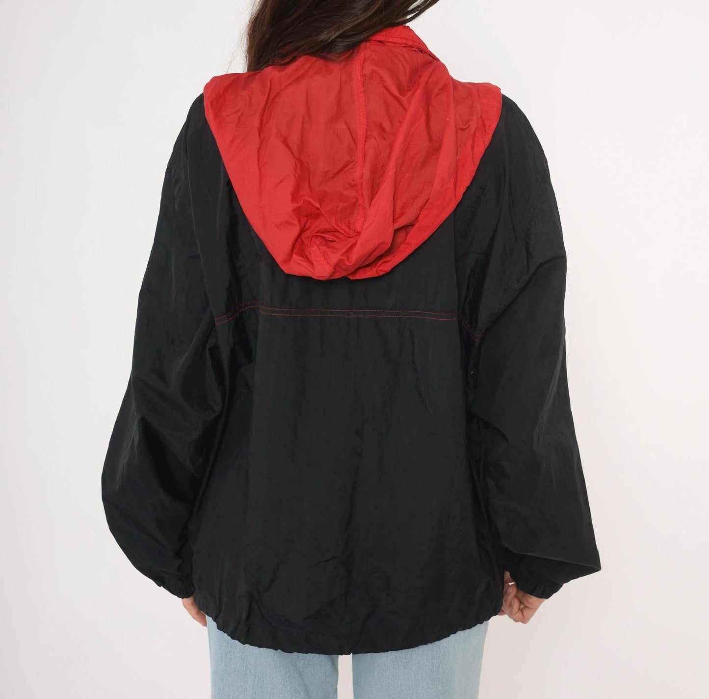 90s Black Red Colorblock Anorak Windbreaker Pullover Jacket Medium M