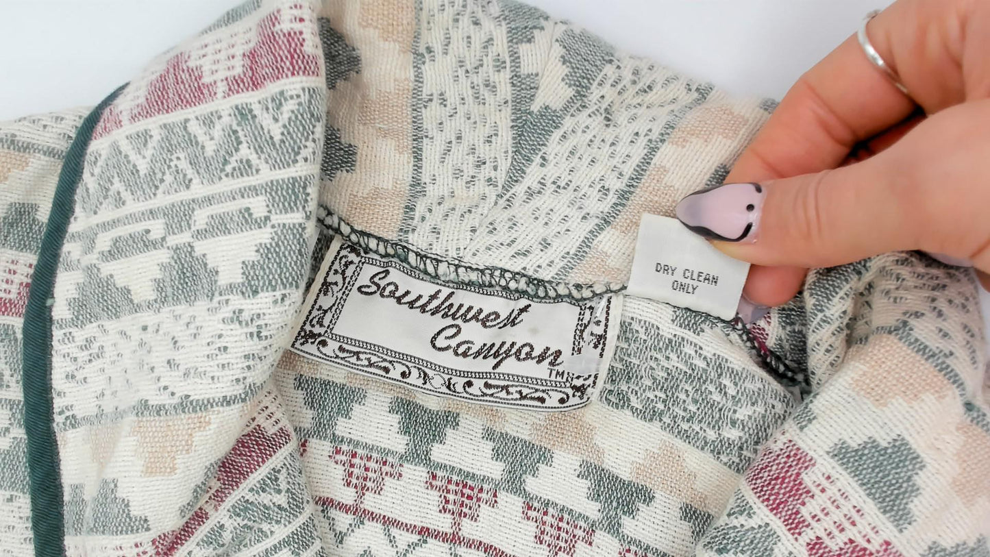 90s Southwest Canyon Tapestry Jacket Cropped Cream Sage Geometric Wooden Button Large L