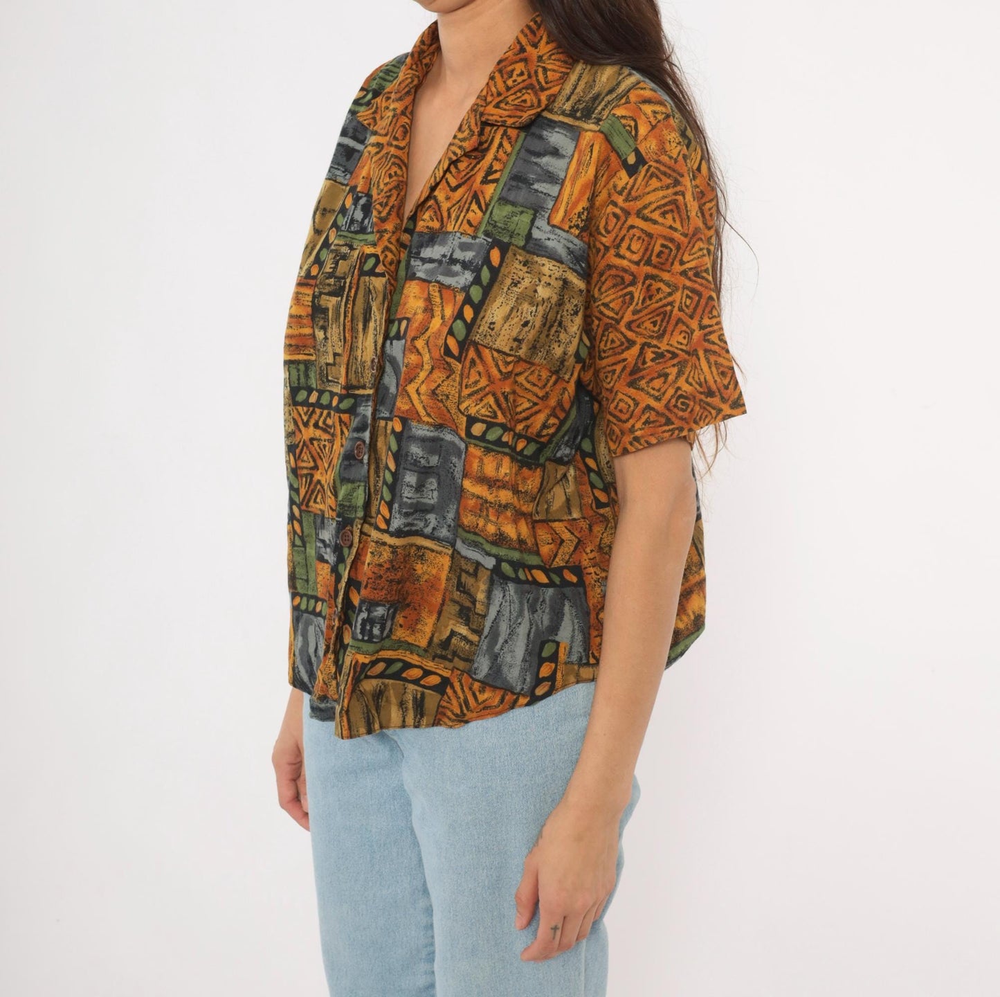 90s Tribal Patchwork Camp Collar Shirt Mustard Olive Slate Large L