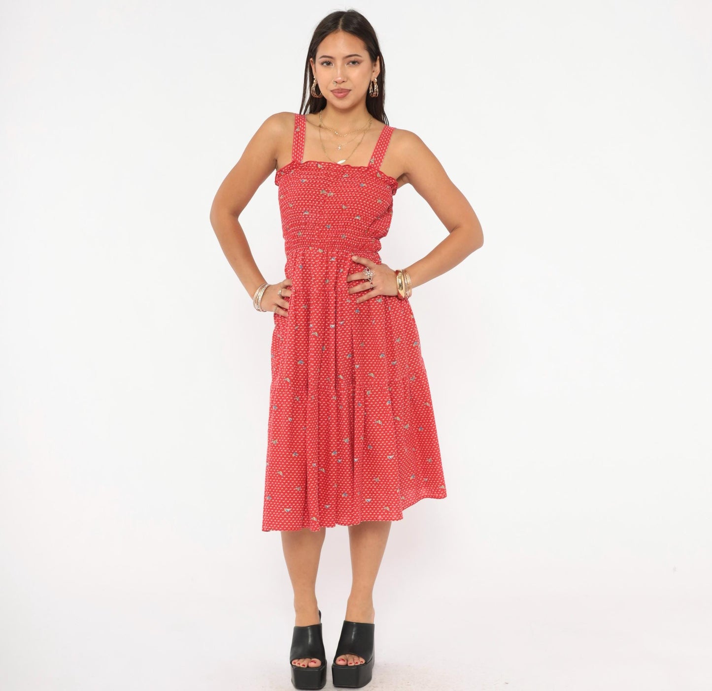 70s Red Sailboat Print Sundress Smocked Bodice Cotton Knee Length Medium M