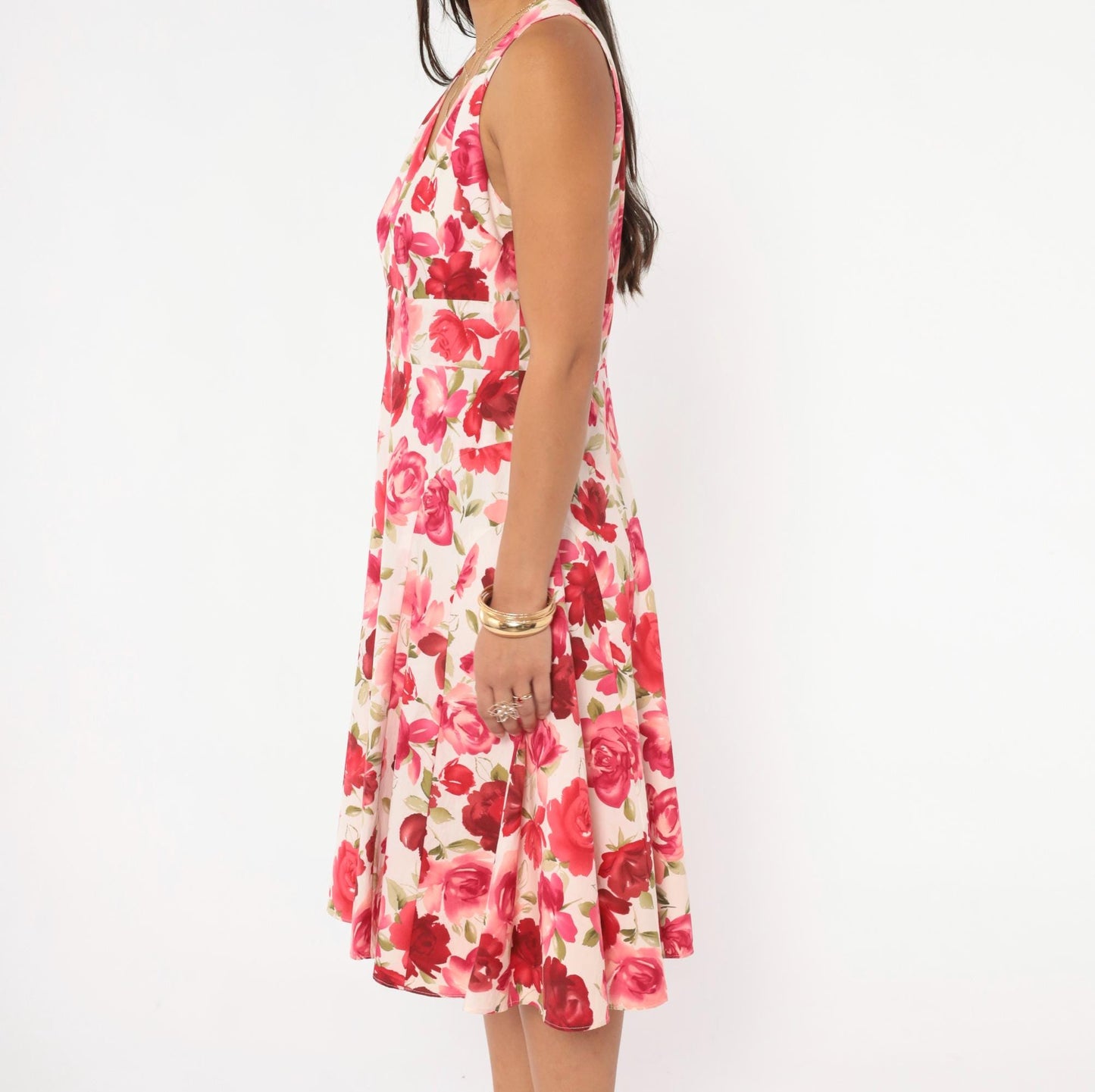 Y2K Talbots Rose Floral Halter Dress Cream Pink Red Knee-Length Medium M