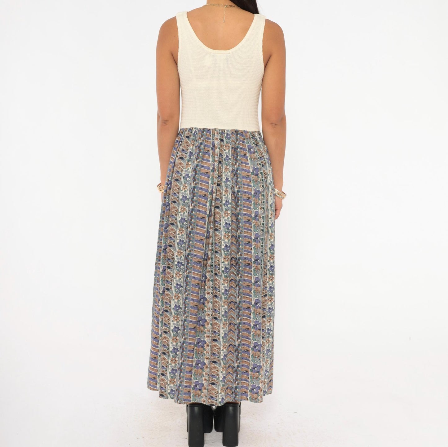 90s Ultimate Blues Maxi Dress Cream Waffle Knit Floral Skirt Medium