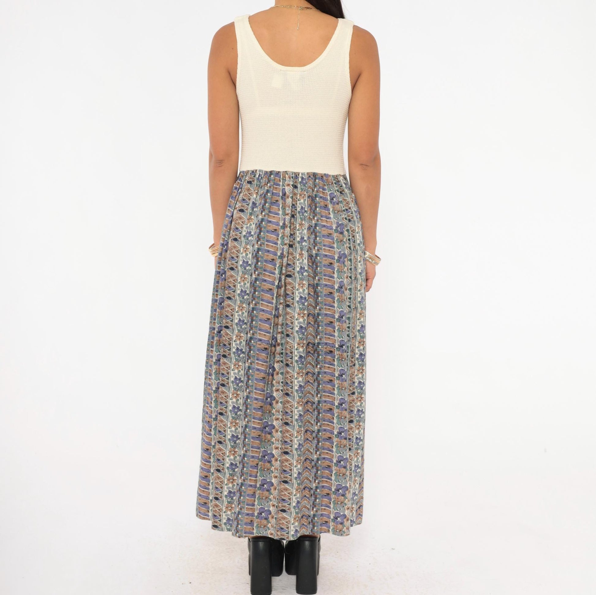 90s Ultimate Blues Maxi Dress Cream Waffle Knit Floral Skirt Medium