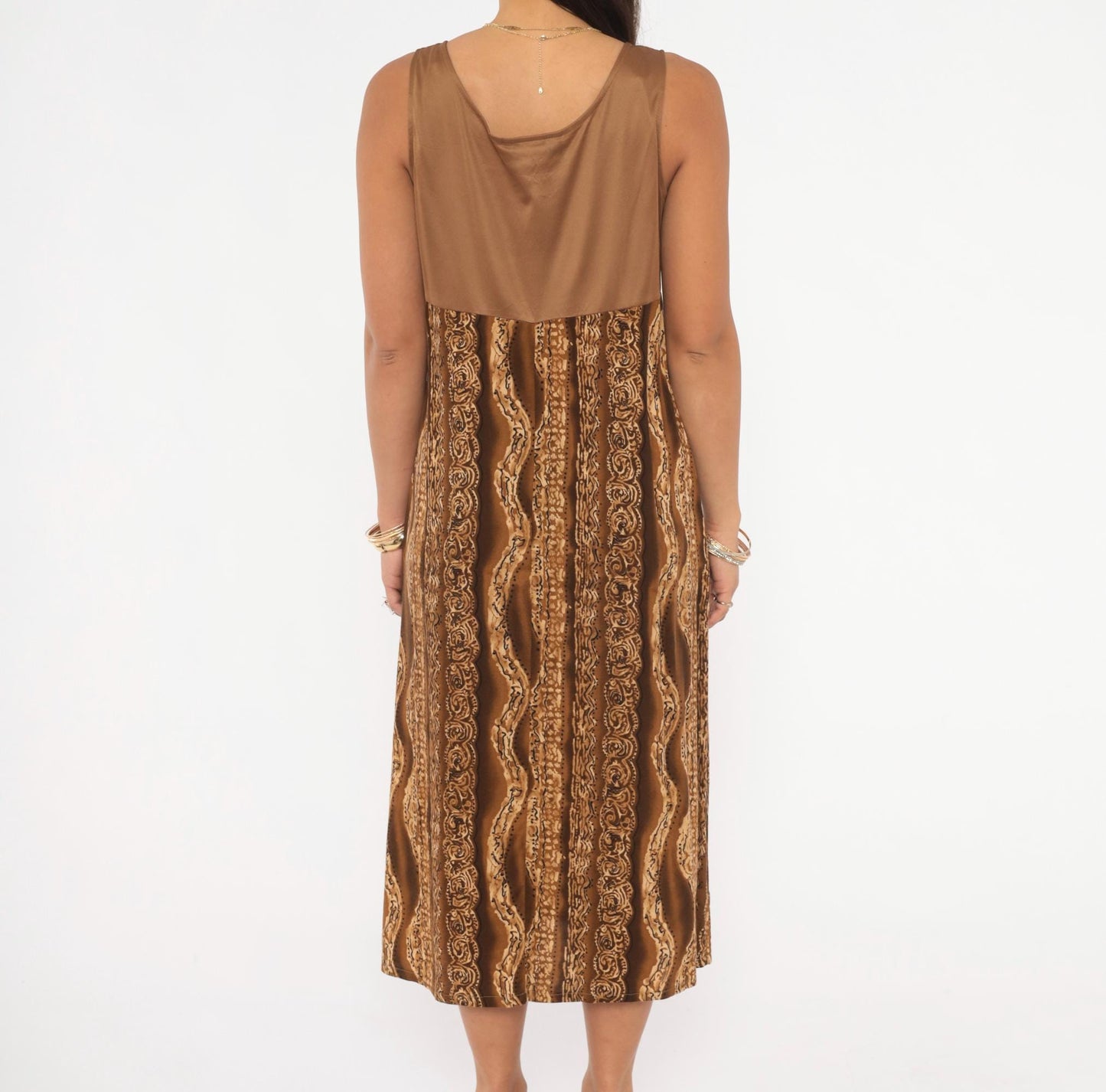 90s Molly Malloy Midi Dress Brown Tan Tribal Print Empire Waist Small
