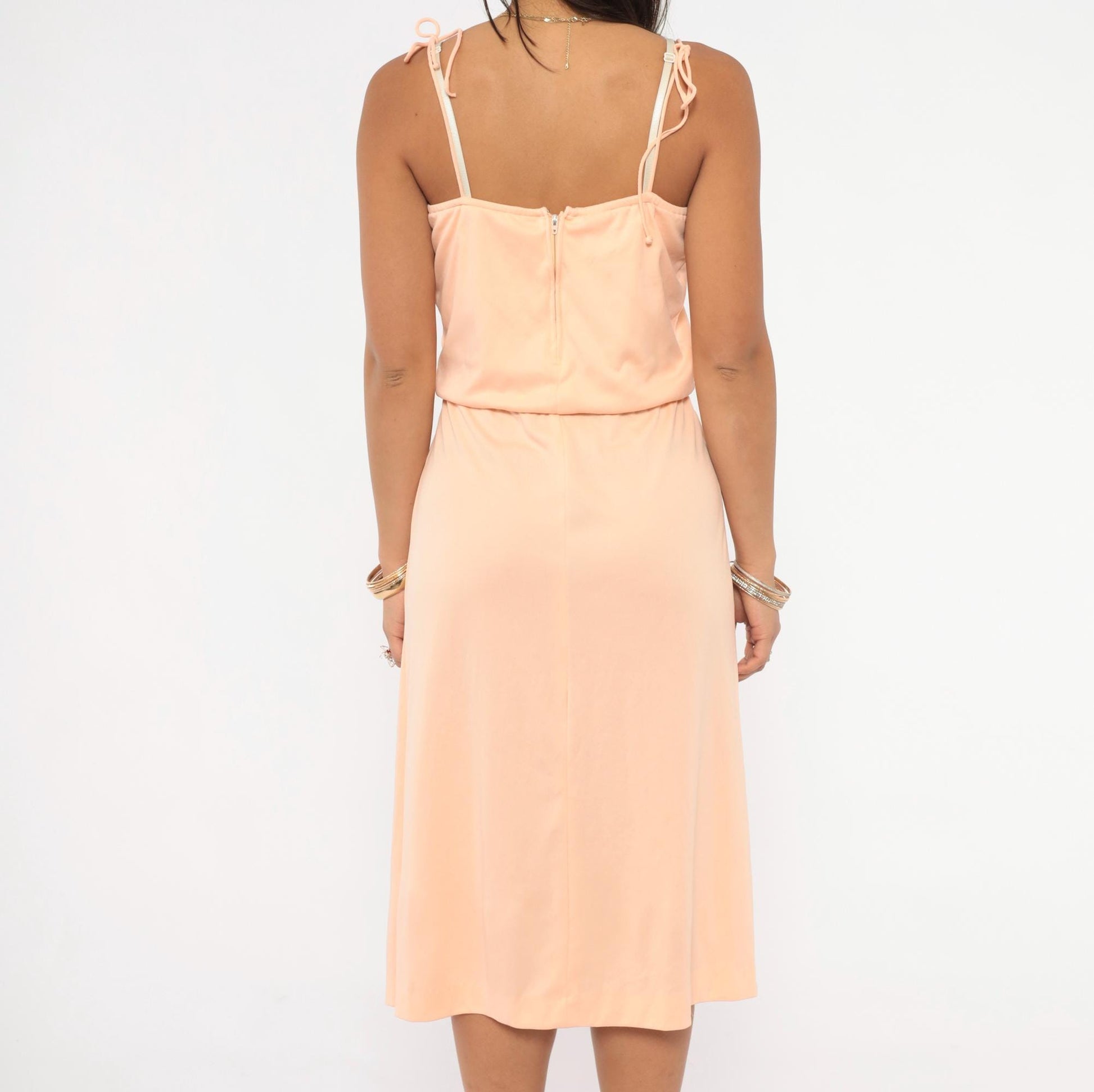 70s Peach Spaghetti Strap Midi Dress Tie Waist Blouson Bodice Small