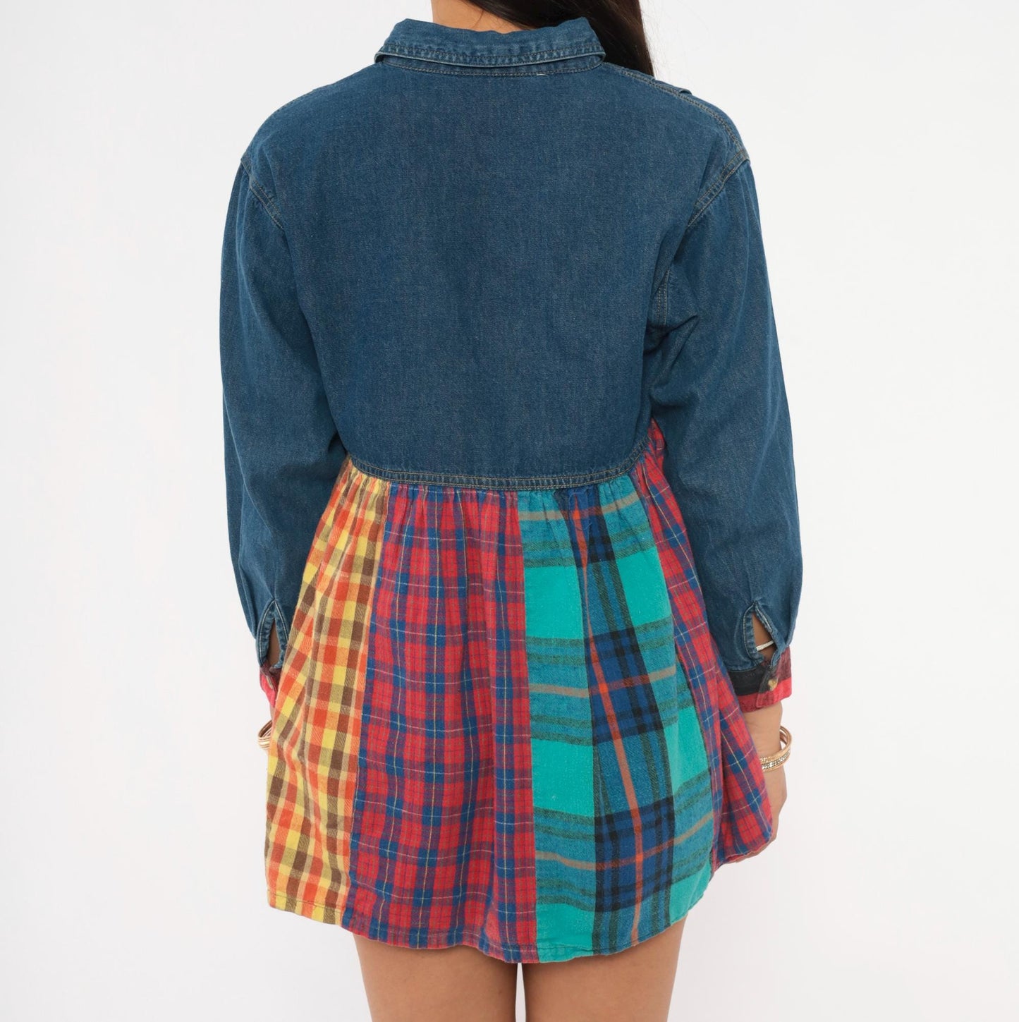 90s American Pop Denim Babydoll Mini Dress Patchwork Plaid Multicolor Extra Small