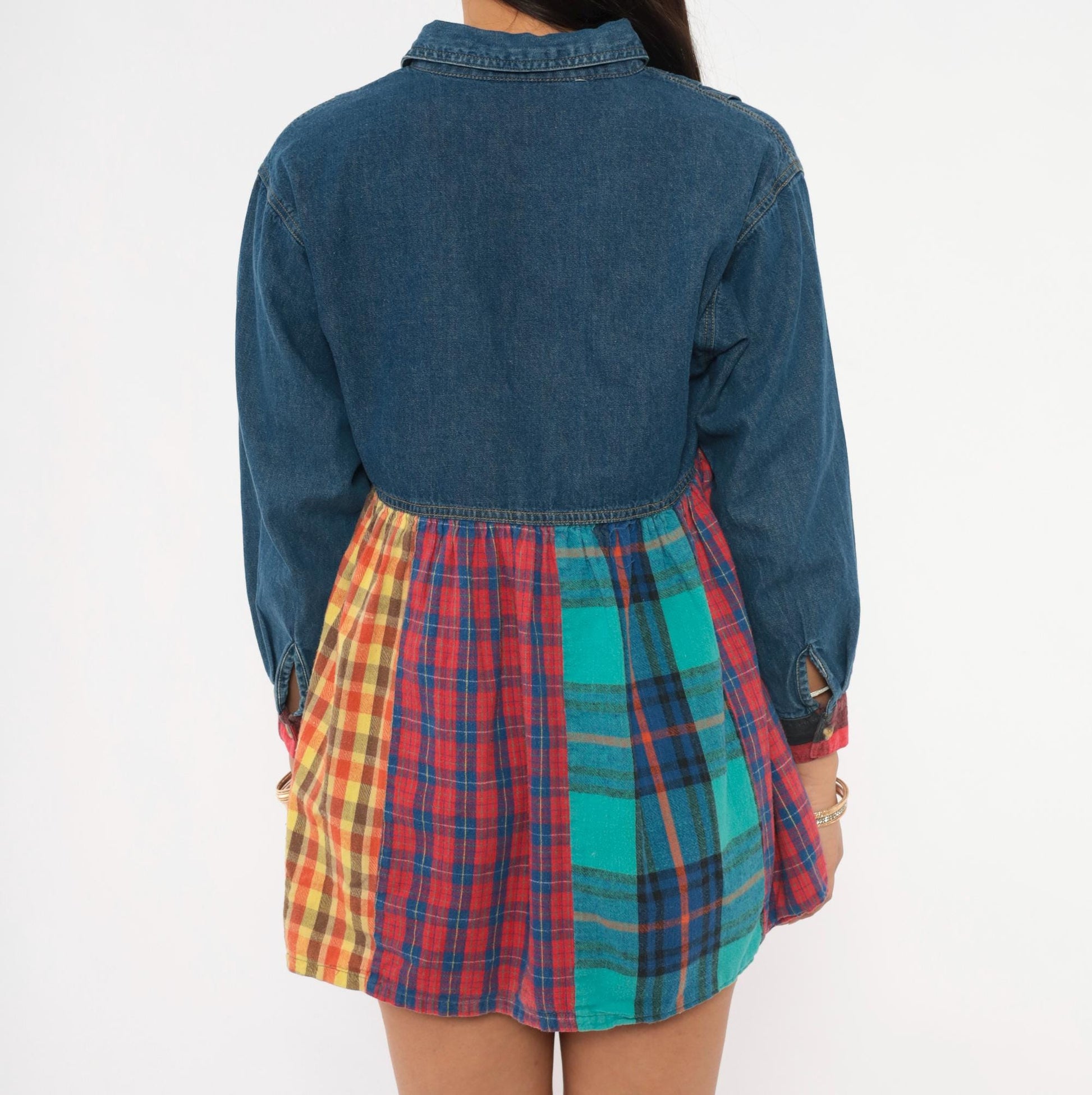 90s American Pop Denim Babydoll Mini Dress Patchwork Plaid Multicolor Extra Small