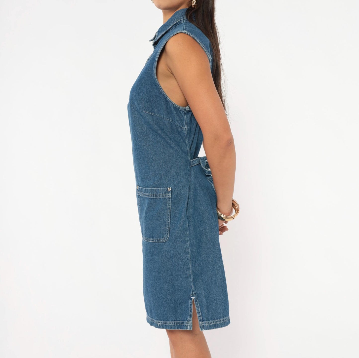90s Denim Shift Dress Sleeveless Button Front Blue Jean Medium Large