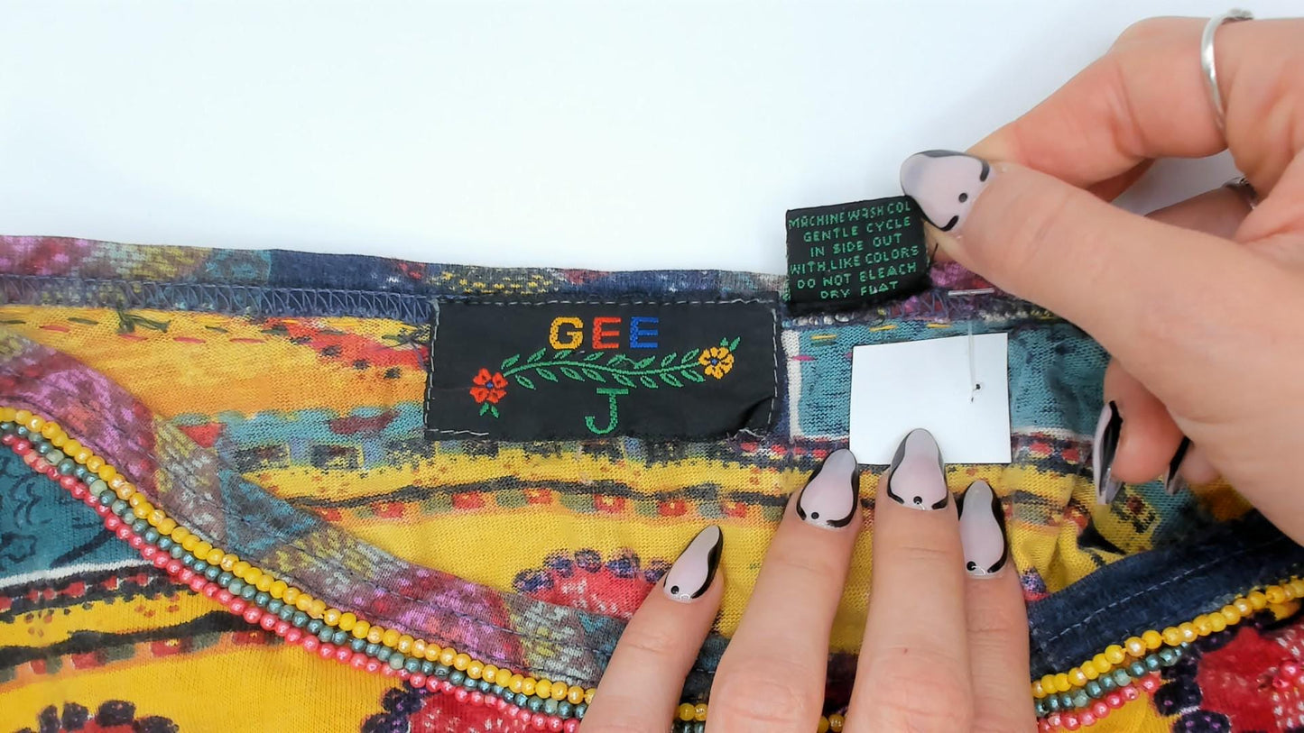 90s Gee J Southwestern Geometric Cotton Tee Multicolor Tribal Patchwork Large L