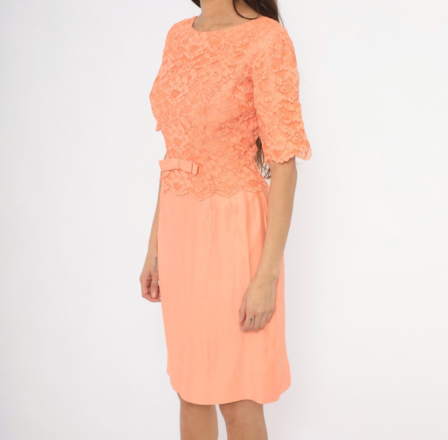 60s Sylvia Ann Peach Lace Peplum Dress Scalloped Half Sleeve Medium